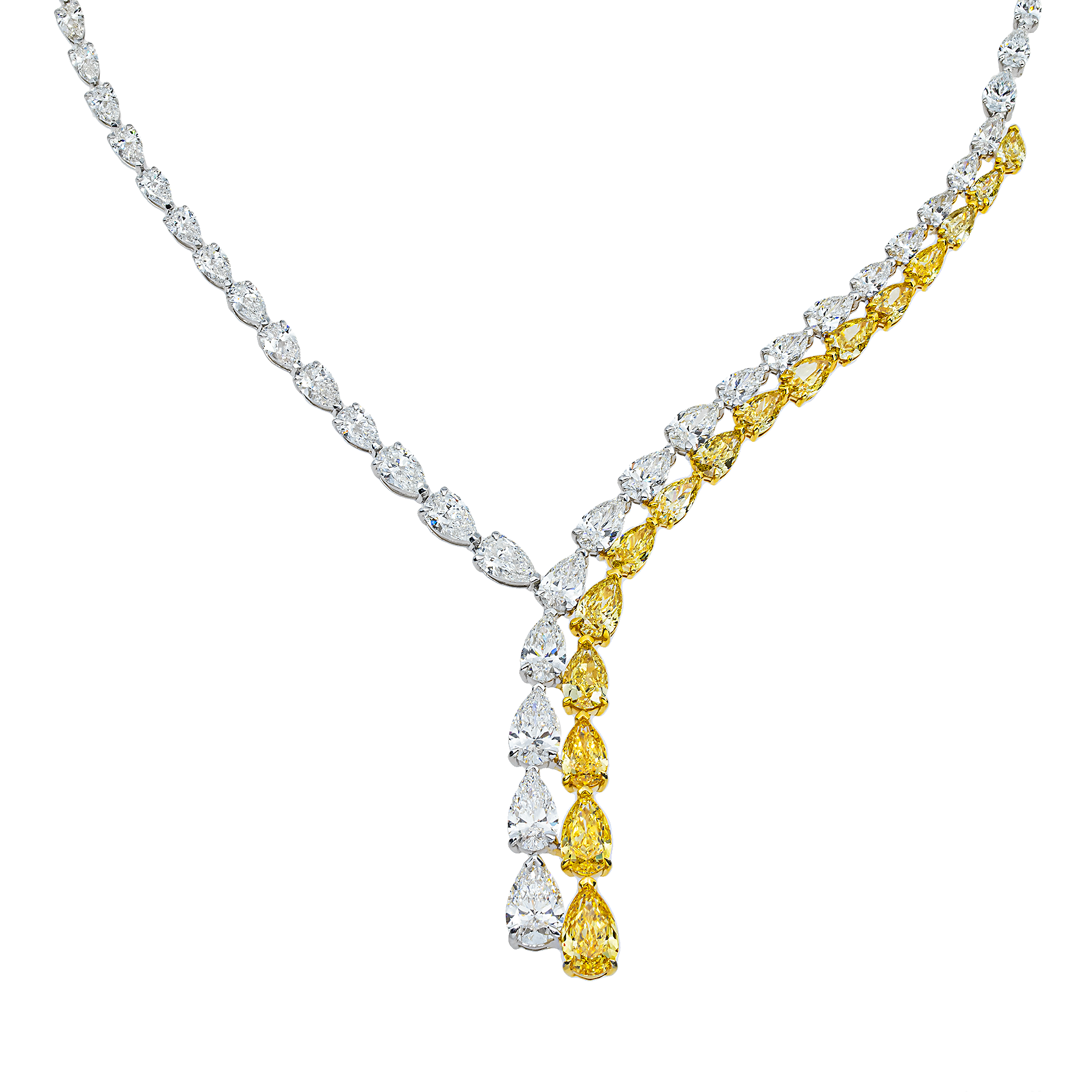 14K Two Tone Pear Cut Fancy Yellow Diamond Drop Necklace 35.20ct