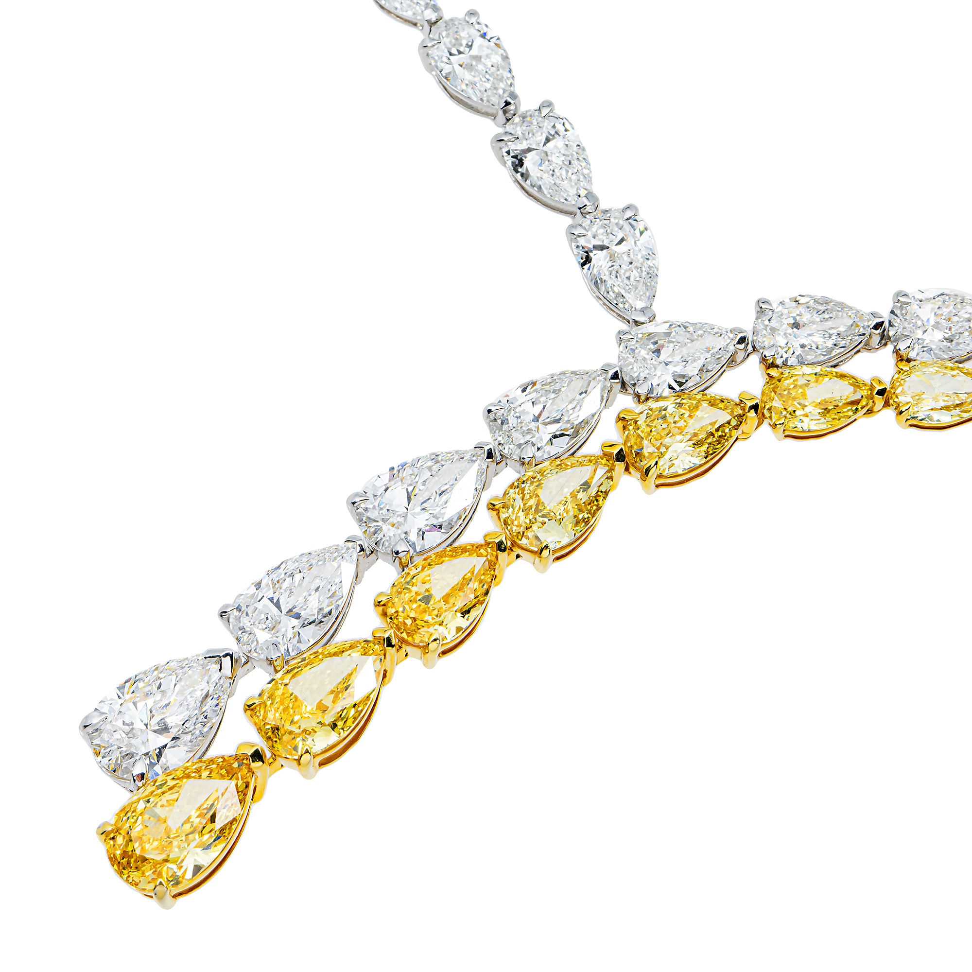 14K Two Tone Pear Cut Fancy Yellow Diamond Drop Necklace 35.20ct