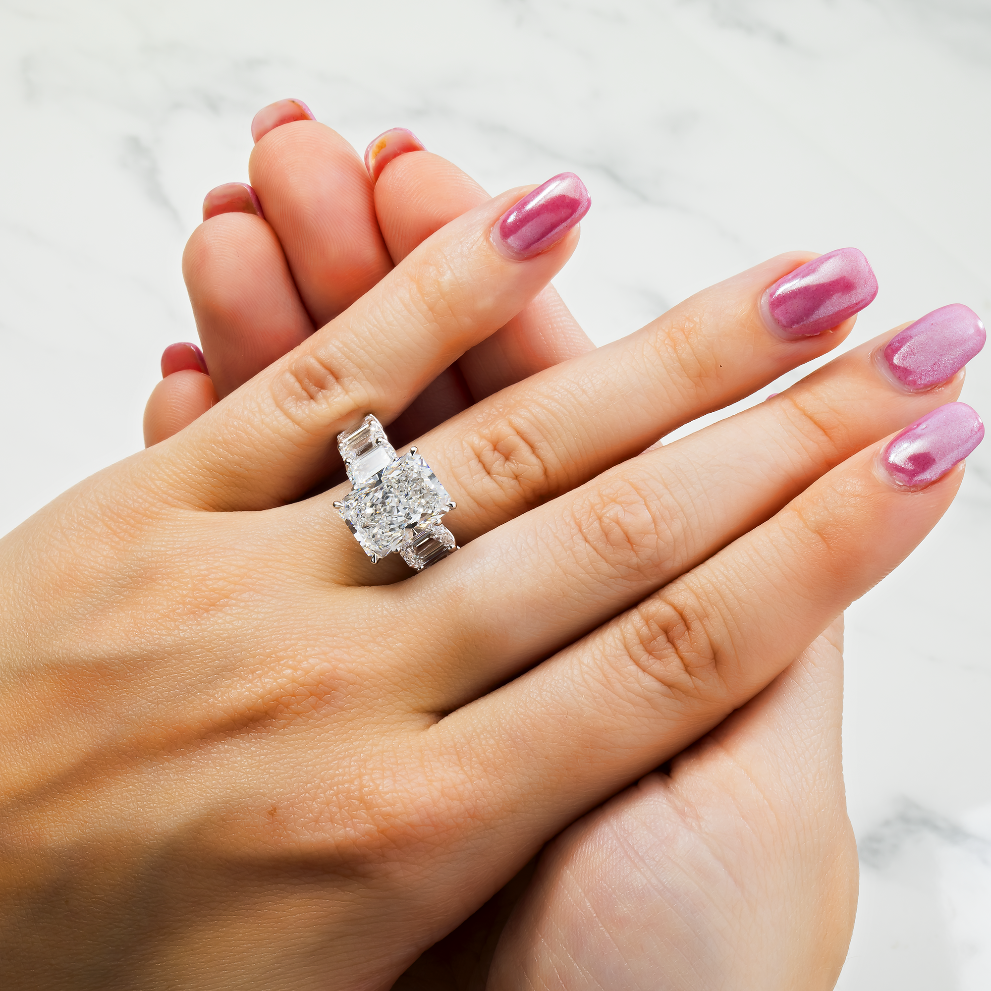 14K White Gold 5.08ct Radiant & Emerald Diamond Engagement Ring 8.57ctw