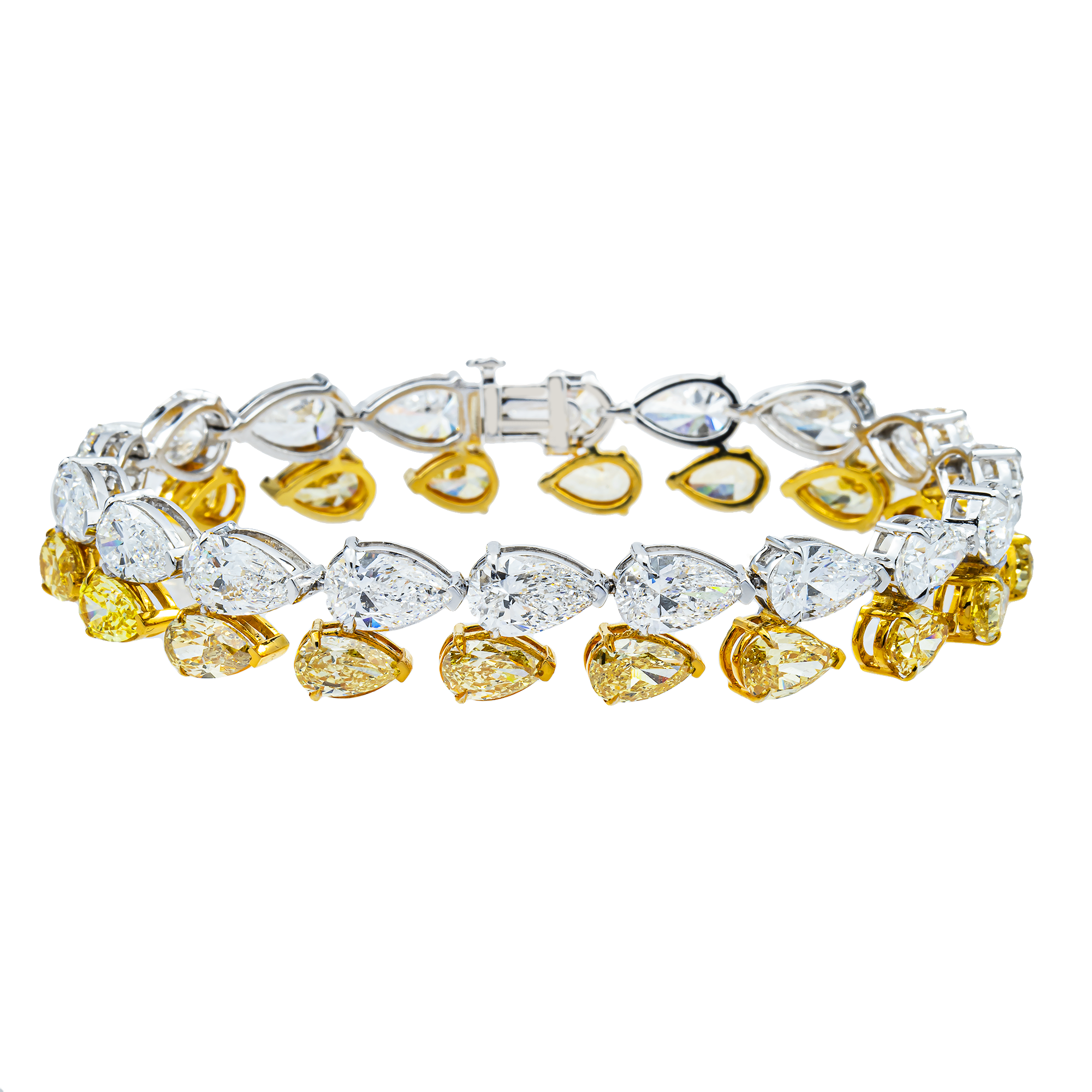 14K Two Tone Pear Cut Fancy Yellow & White Diamond Bracelet 33.38ct