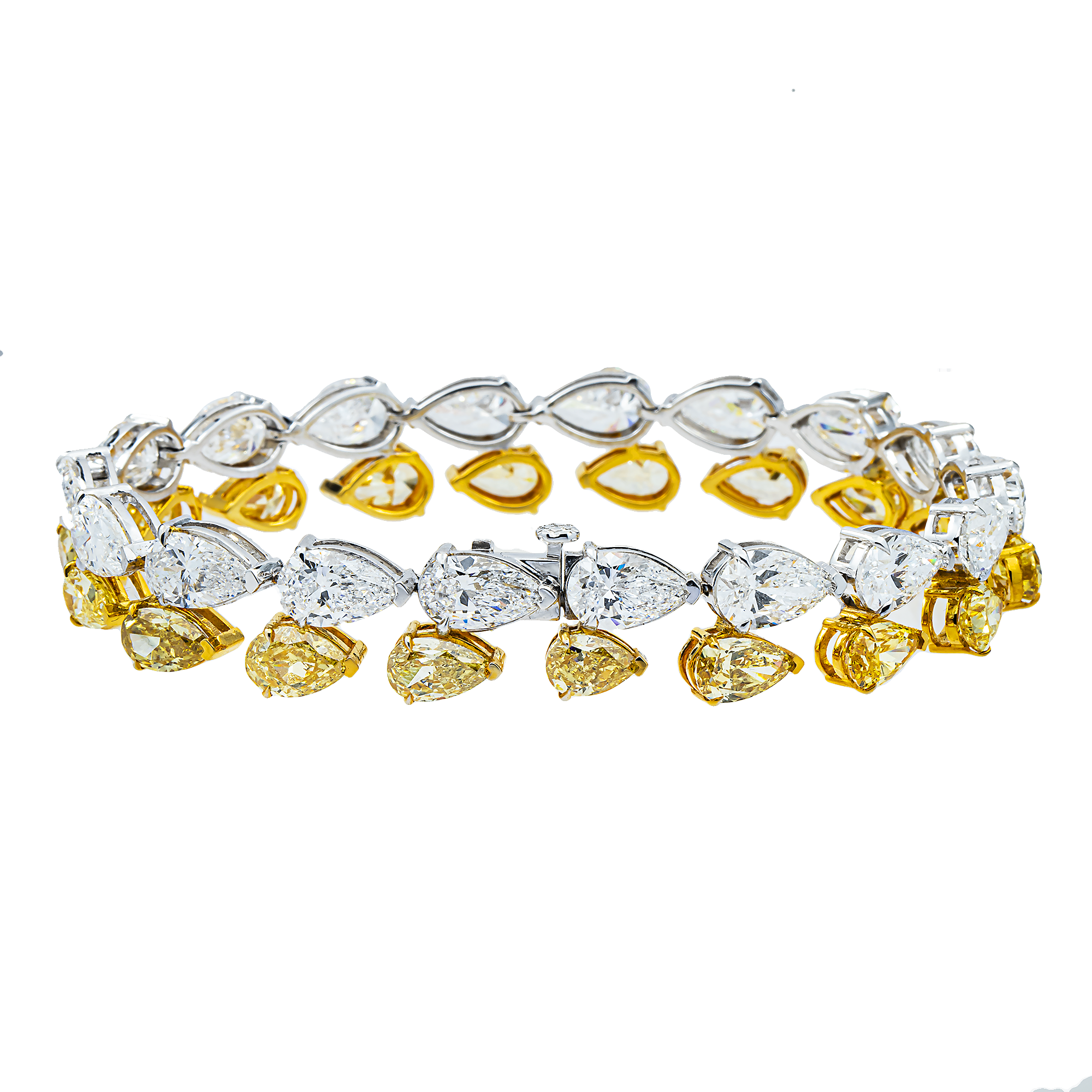 14K Two Tone Pear Cut Fancy Yellow & White Diamond Bracelet 33.38ct