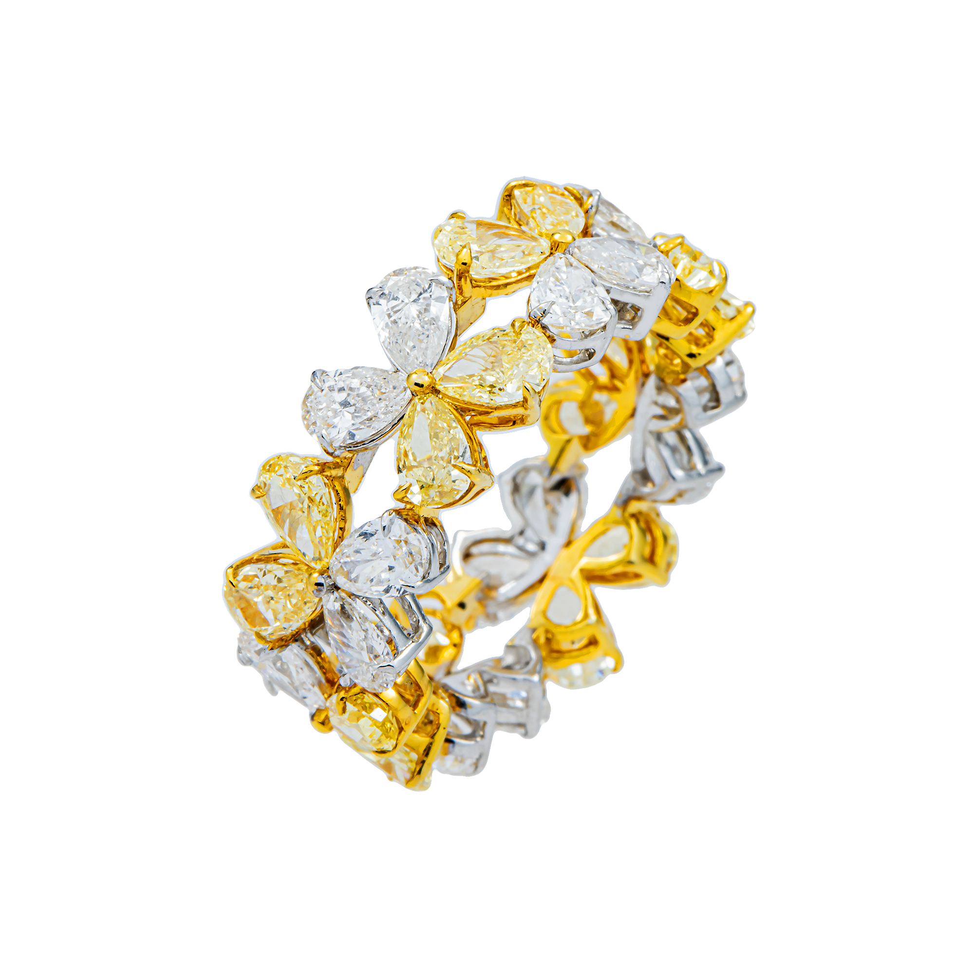 14K Two Tone Pear Cut Fancy Yellow & White Diamond Flower Eternity Ring 6.38ct