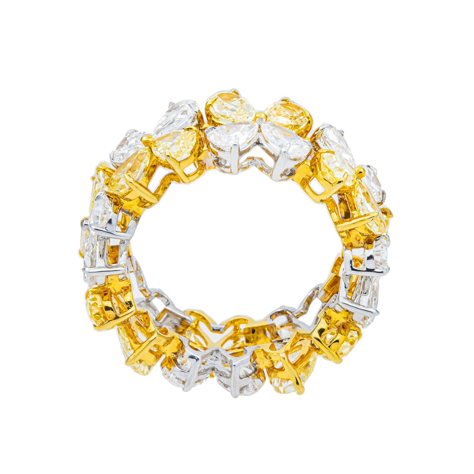 14K Two Tone Pear Cut Fancy Yellow & White Diamond Flower Eternity Ring 6.38ct