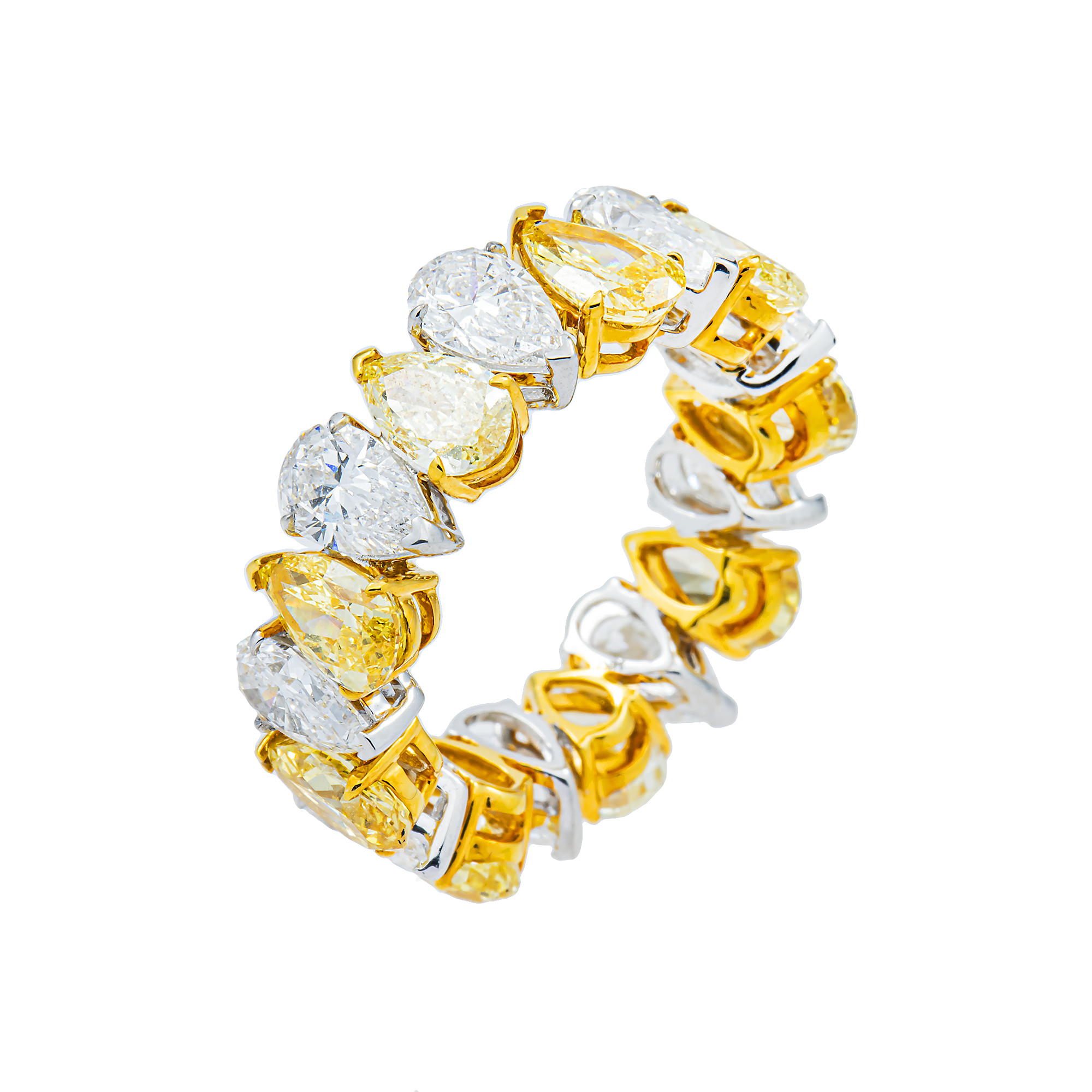 14K Two Tone Pear Cut Fancy Yellow & White Diamond Eternity Ring 8.31ct