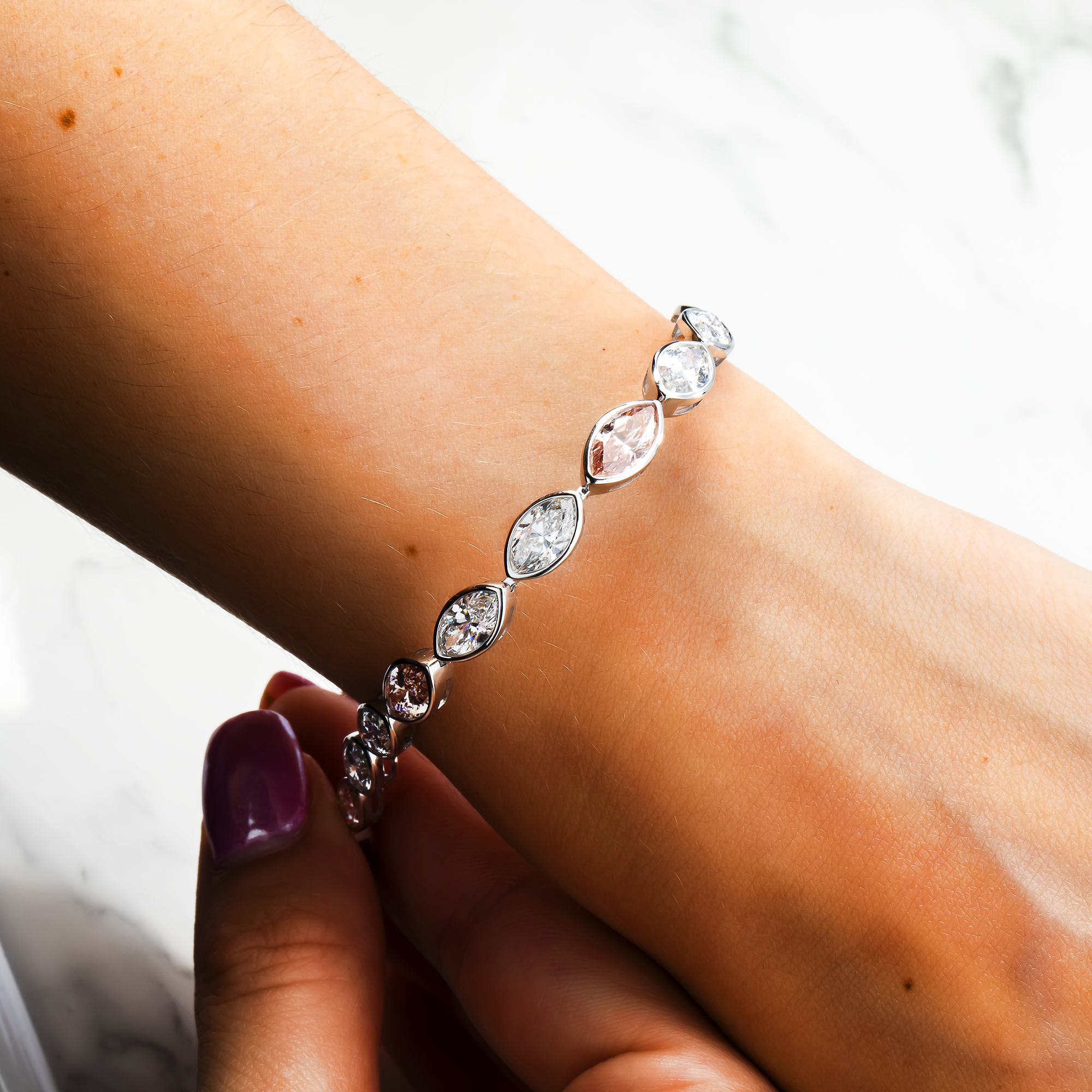 14K White Gold Marquise Fancy Pink & White Diamond Bracelet 10.41ct