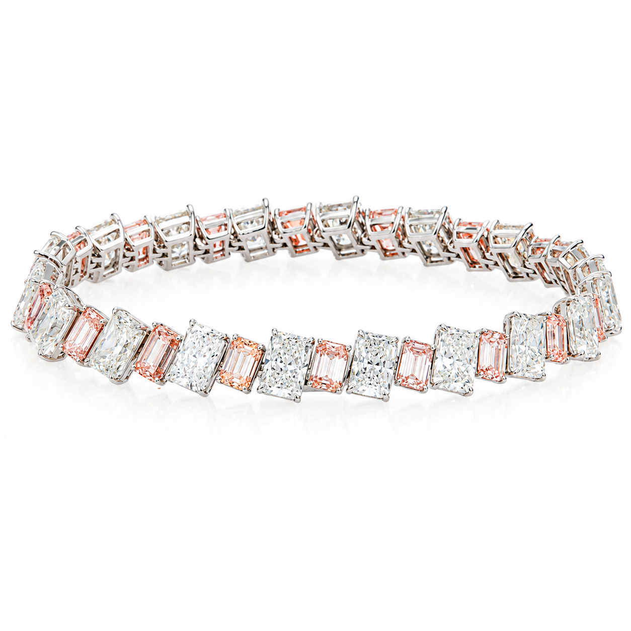 14K White Gold Emerald Fancy Pink & Radiant White Diamond Bracelet 24.55ct