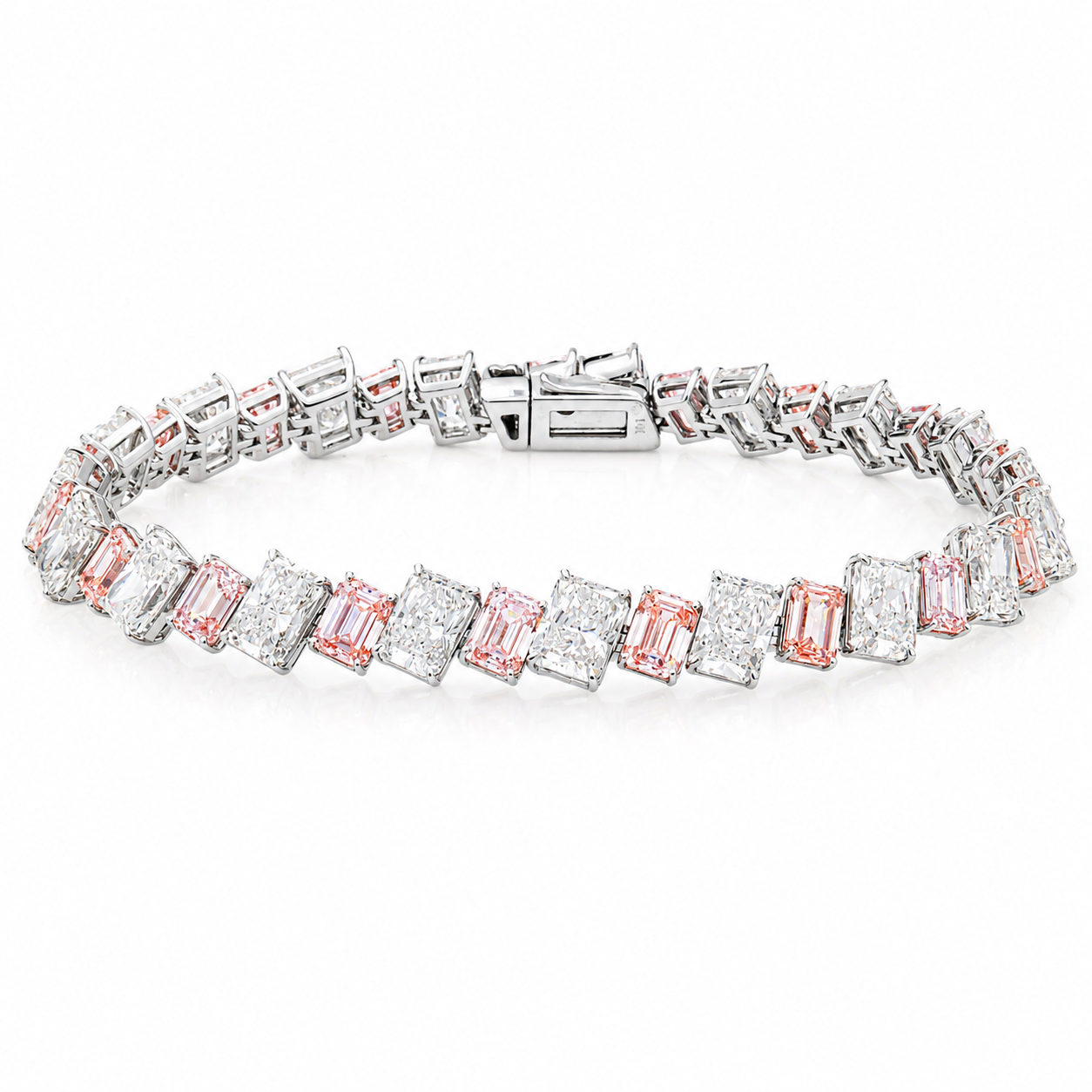 14K White Gold Emerald Fancy Pink & Radiant White Diamond Bracelet 24.55ct