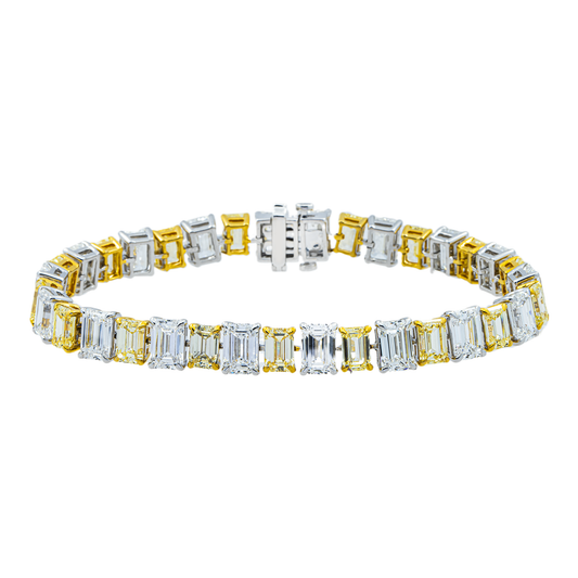 14K Two Tone Fancy Yellow & White Emerald Cut Diamond Tennis Bracelet 29.77ct