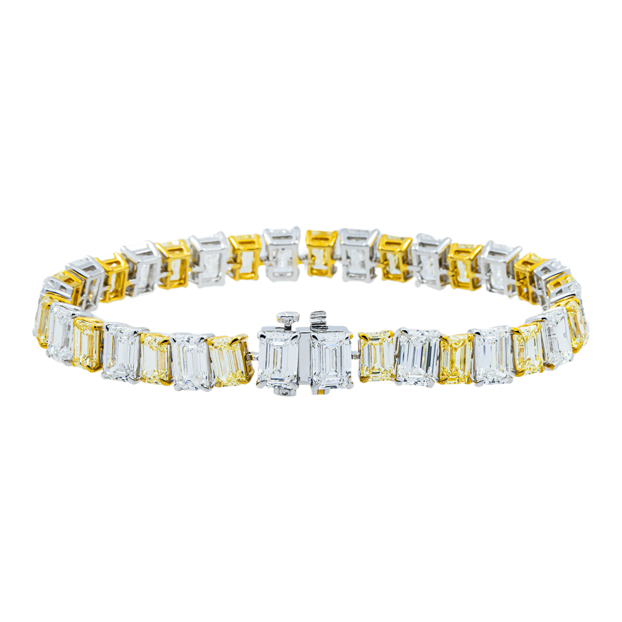 14K Two Tone Fancy Yellow & White Emerald Cut Diamond Tennis Bracelet 29.77ct