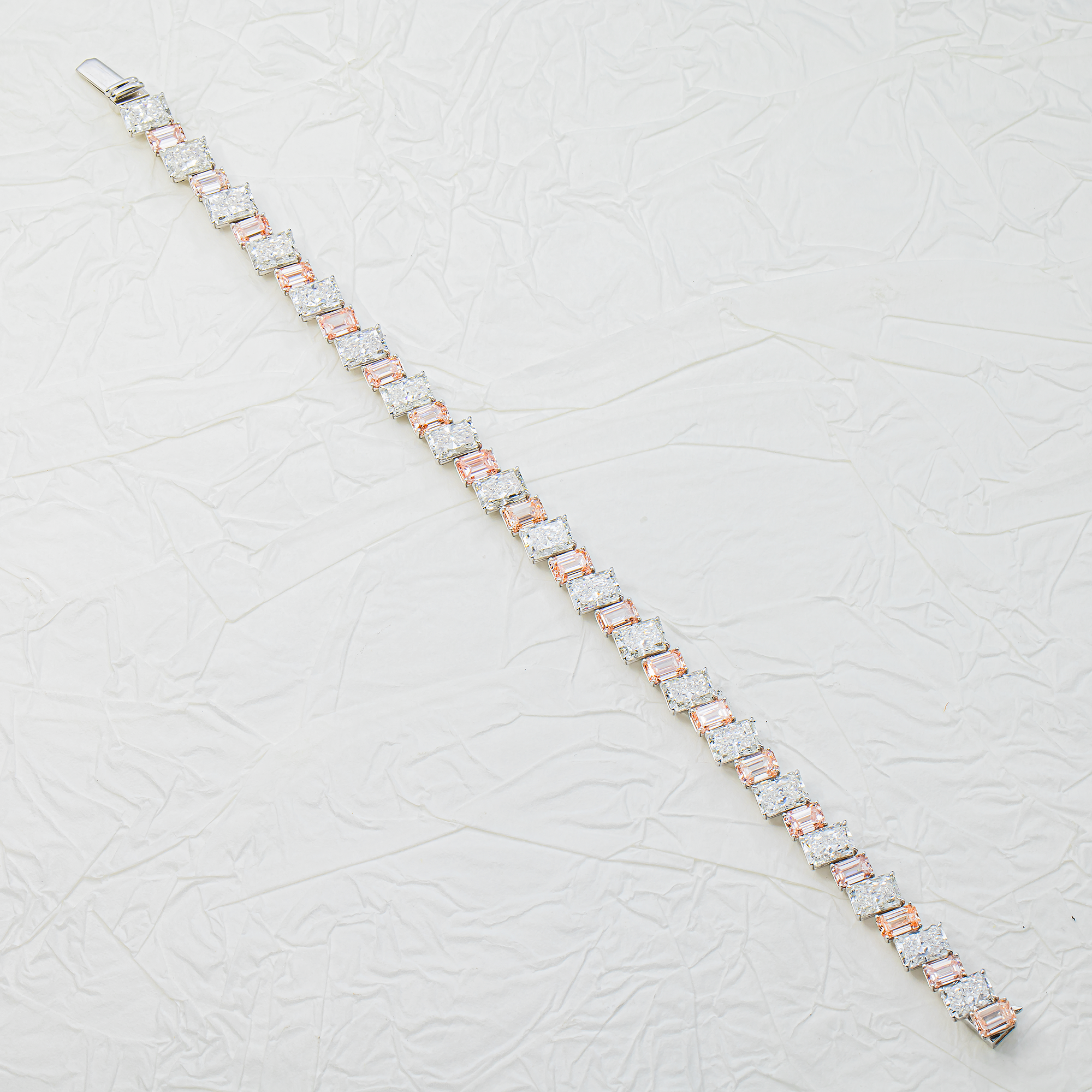 14K White Gold Emerald Fancy Pink & Radiant White Diamond Bracelet 24.55ct