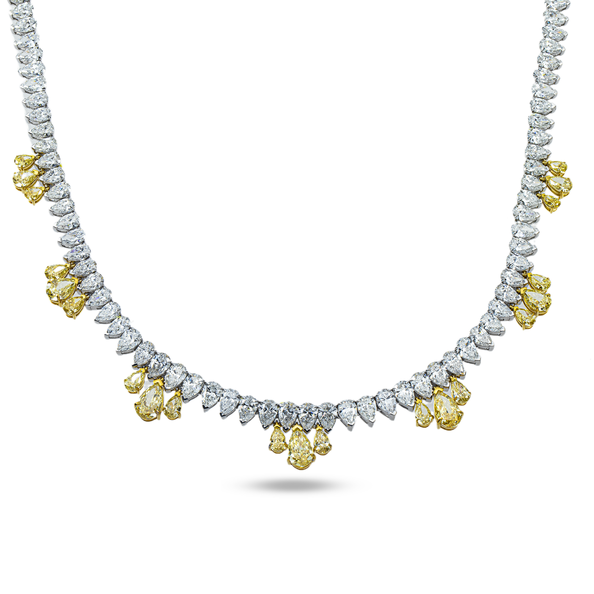 14K Two Tone Pear Cut Fancy Yellow & White Diamond Drop Necklace 32.35ct