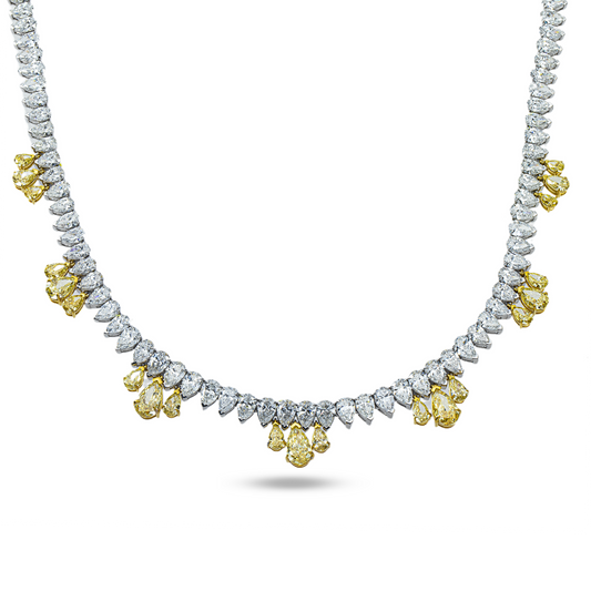 14K Two Tone Pear Cut Fancy Yellow & White Diamond Drop Necklace 32.35ct