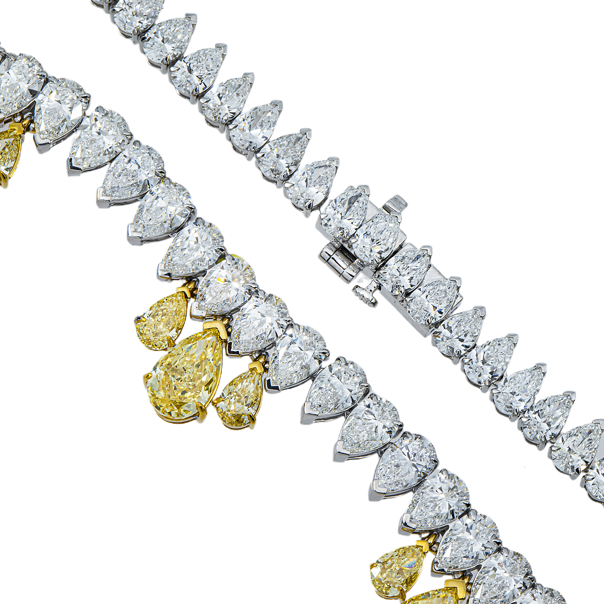 14K Two Tone Pear Cut Fancy Yellow & White Diamond Drop Necklace 32.35ct