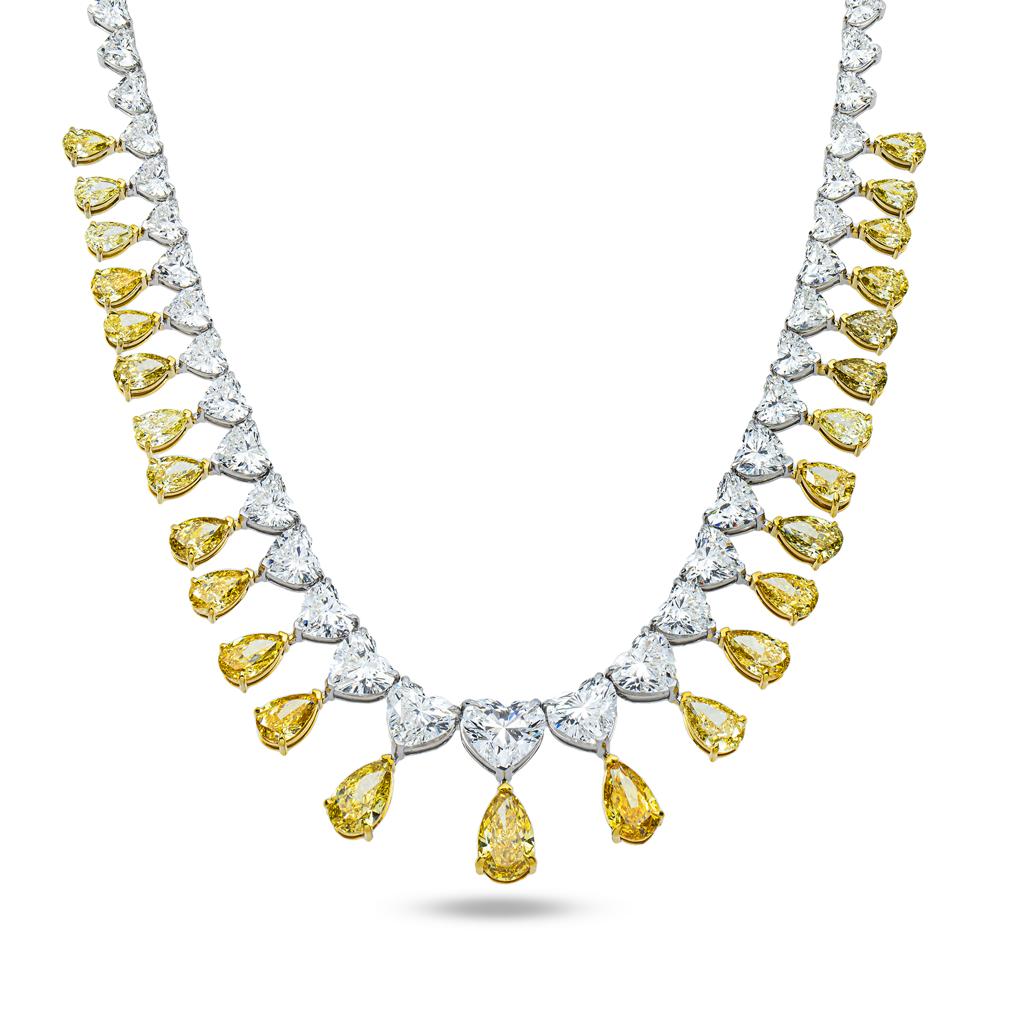 IGI 14K Two Tone Graduated Multi Cut Fancy Yellow & White Diamond Drop Necklace 55.02ct