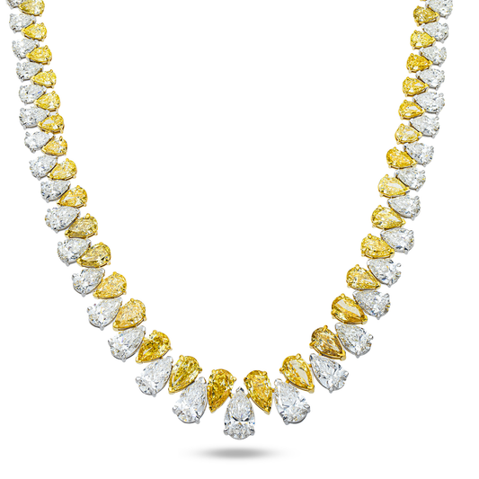 14K Two Tone Graduated Pear Cut Fancy Yellow & White Diamond Chain 45.77ct