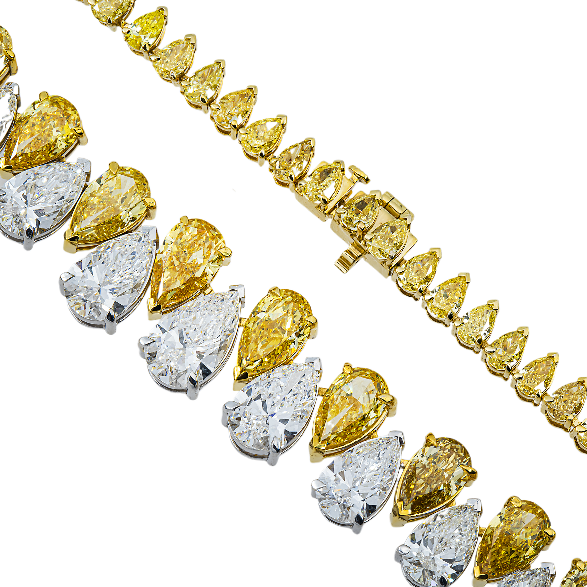 14K Two Tone Graduated Pear Cut Fancy Yellow & White Diamond Chain 45.77ct