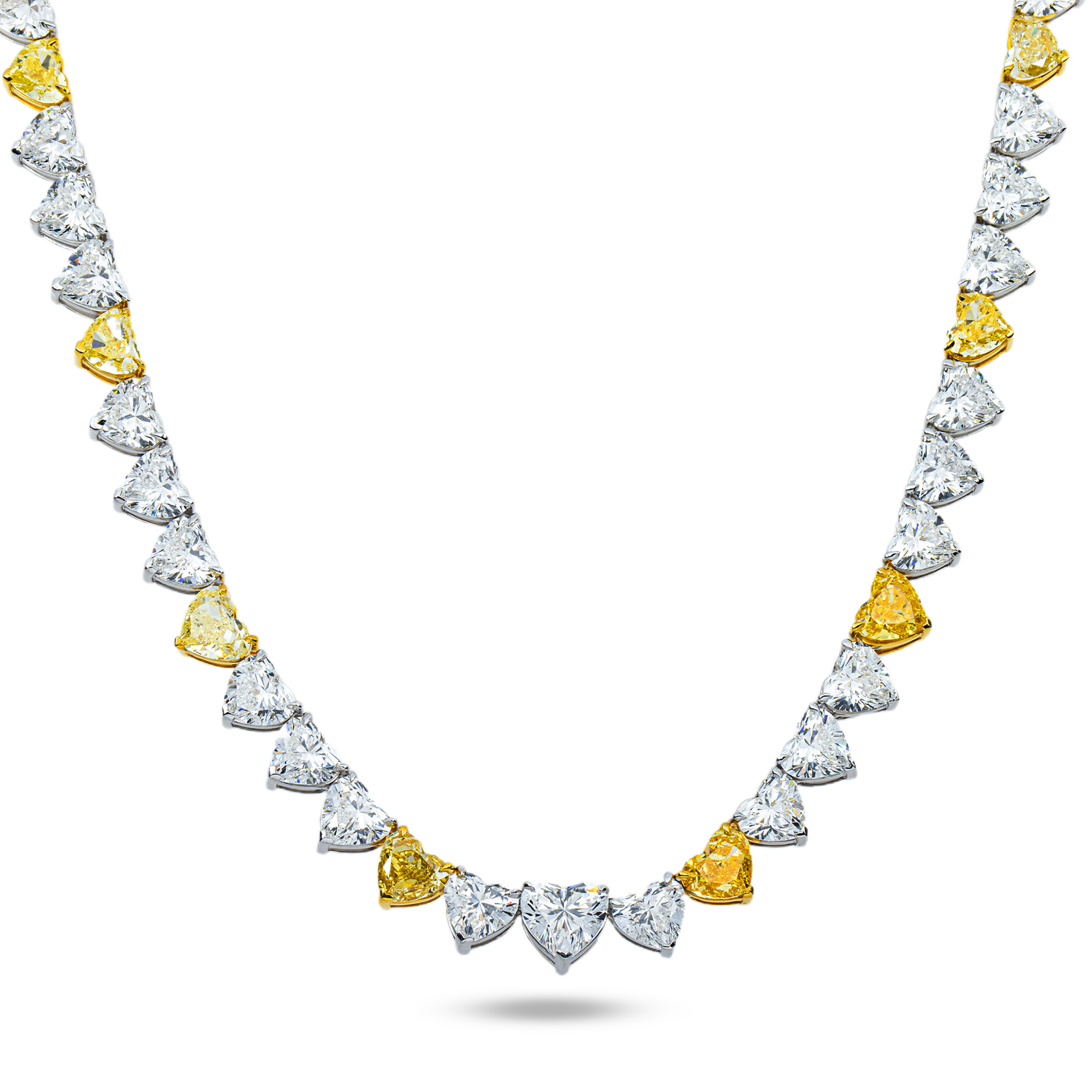 14K Two Tone Heart Cut Fancy Yellow & White Diamond Tennis Chain 54.85ct