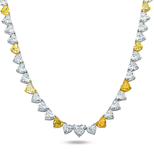 14K Two Tone Heart Cut Fancy Yellow & White Diamond Tennis Chain 54.85ct