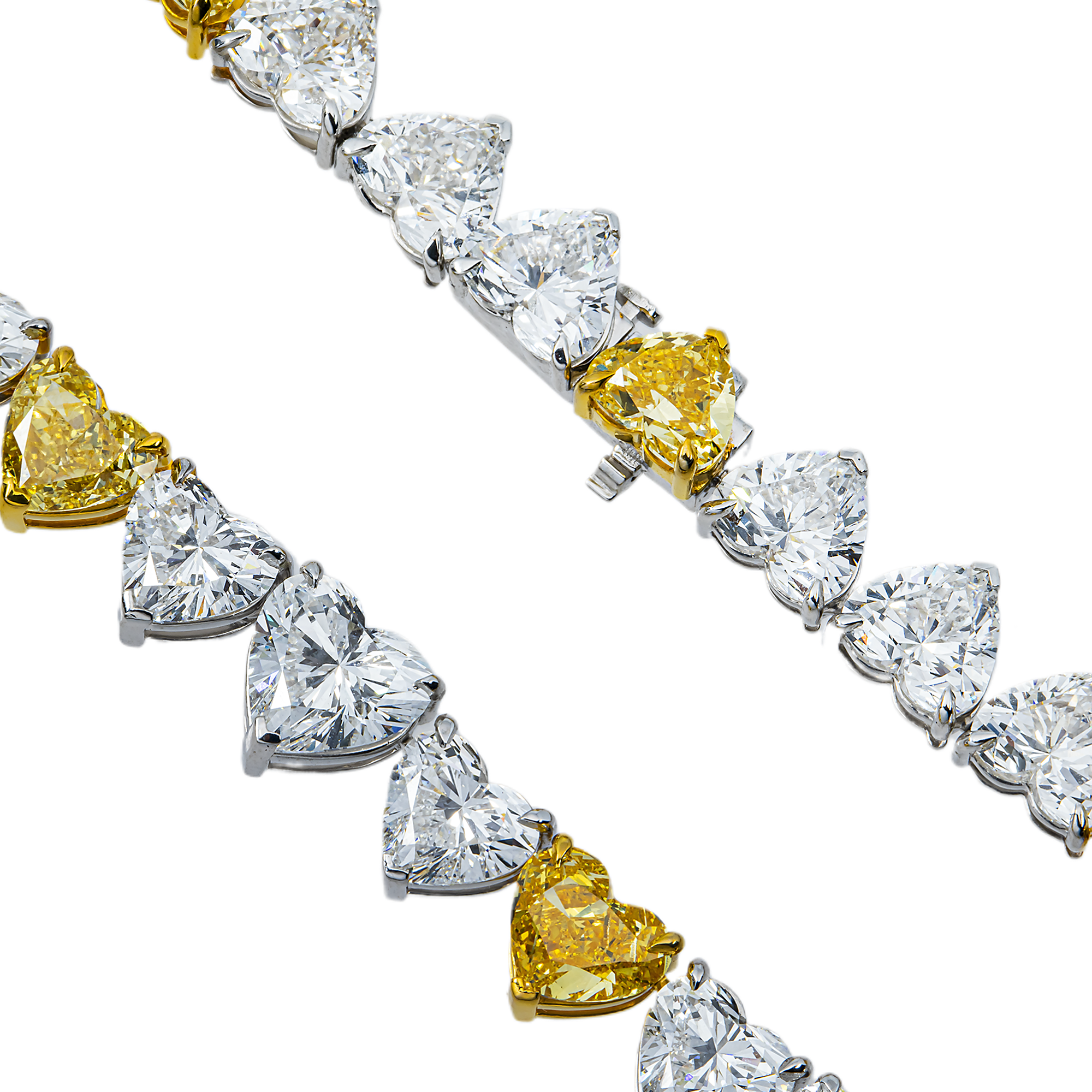 14K Two Tone Heart Cut Fancy Yellow & White Diamond Tennis Chain 54.85ct