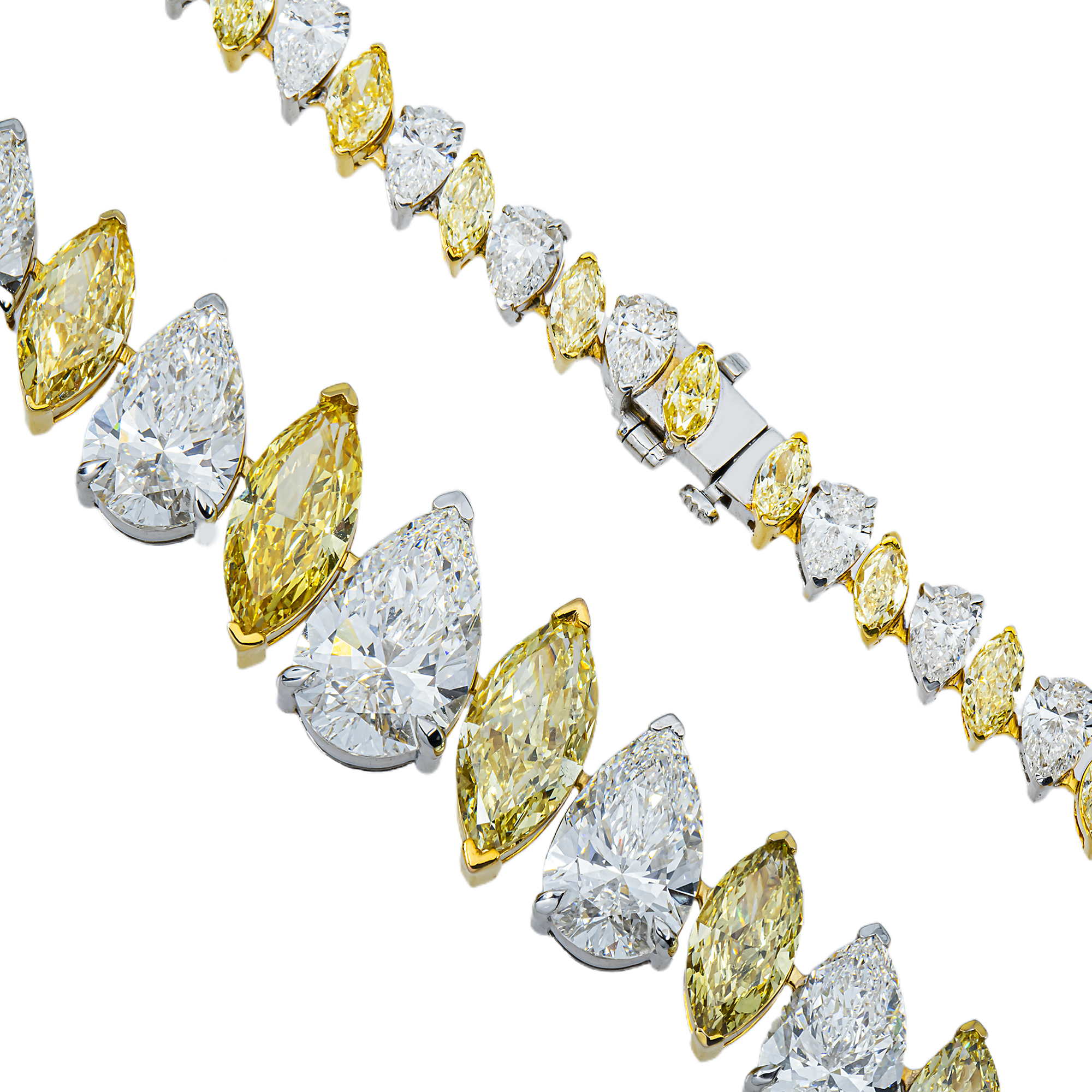 14K Two Tone Graduated Multi Cut Fancy Yellow & White Diamond Tennis Chain 51.73ct