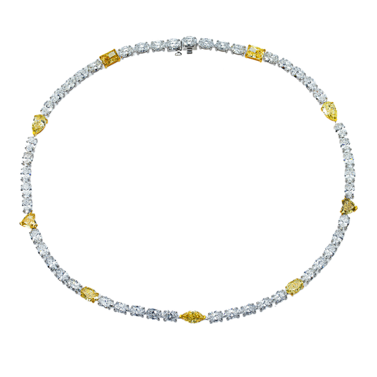 14K Two Tone Multi Cut Fancy Yellow & White Diamond Tennis Chain 30.84ct