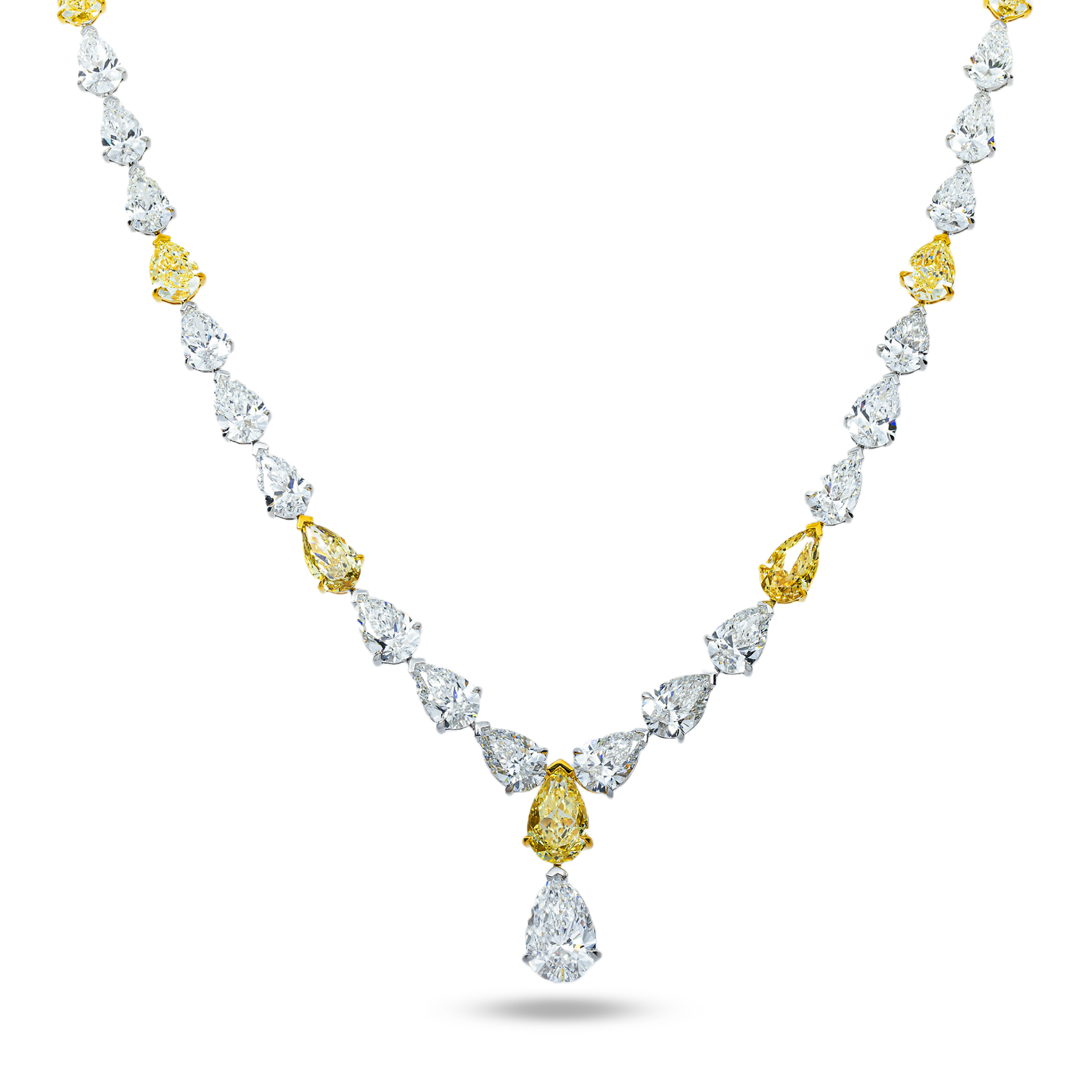 14K Two Tone Graduated Pear Cut Diamond Drop Necklace 34.40ct