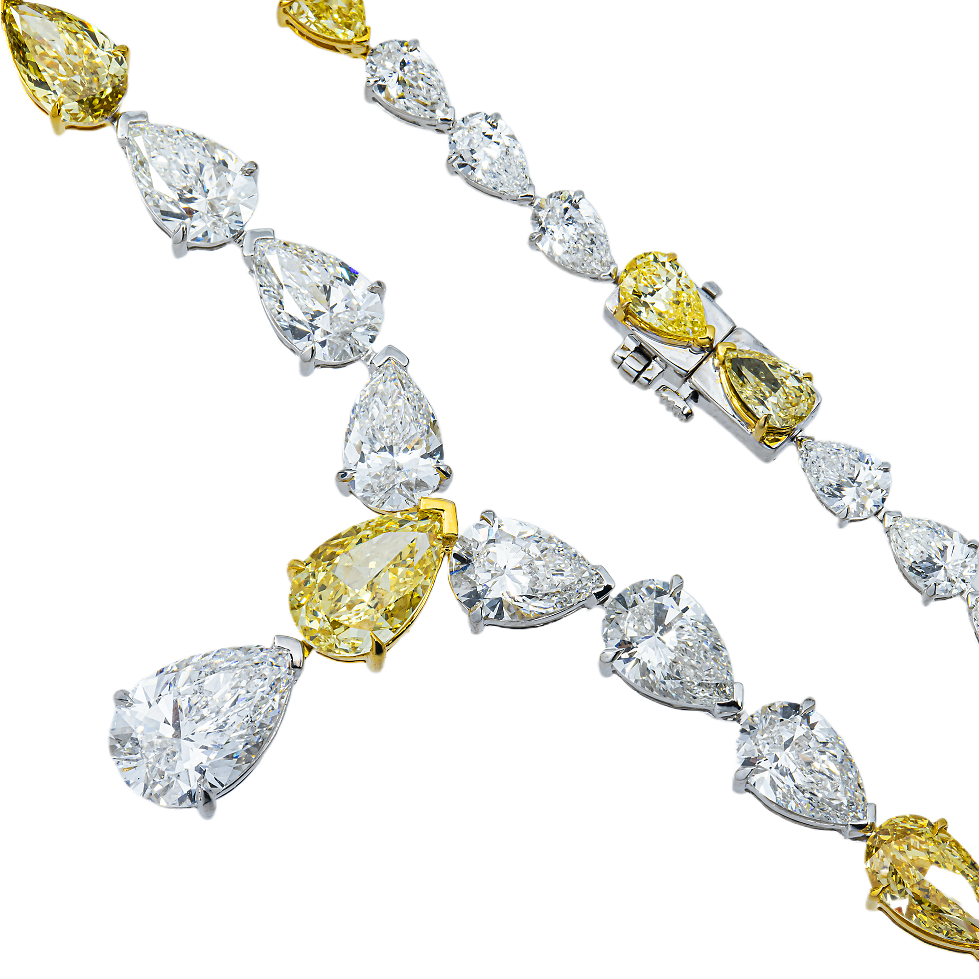 14K Two Tone Graduated Pear Cut Diamond Drop Necklace 34.40ct