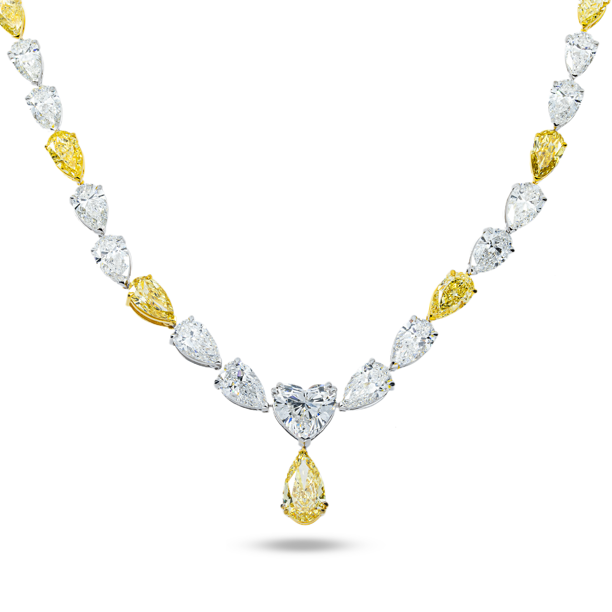 14K Two Tone Graduated Pear & Heart Cut Diamond Drop Necklace 34.08ct