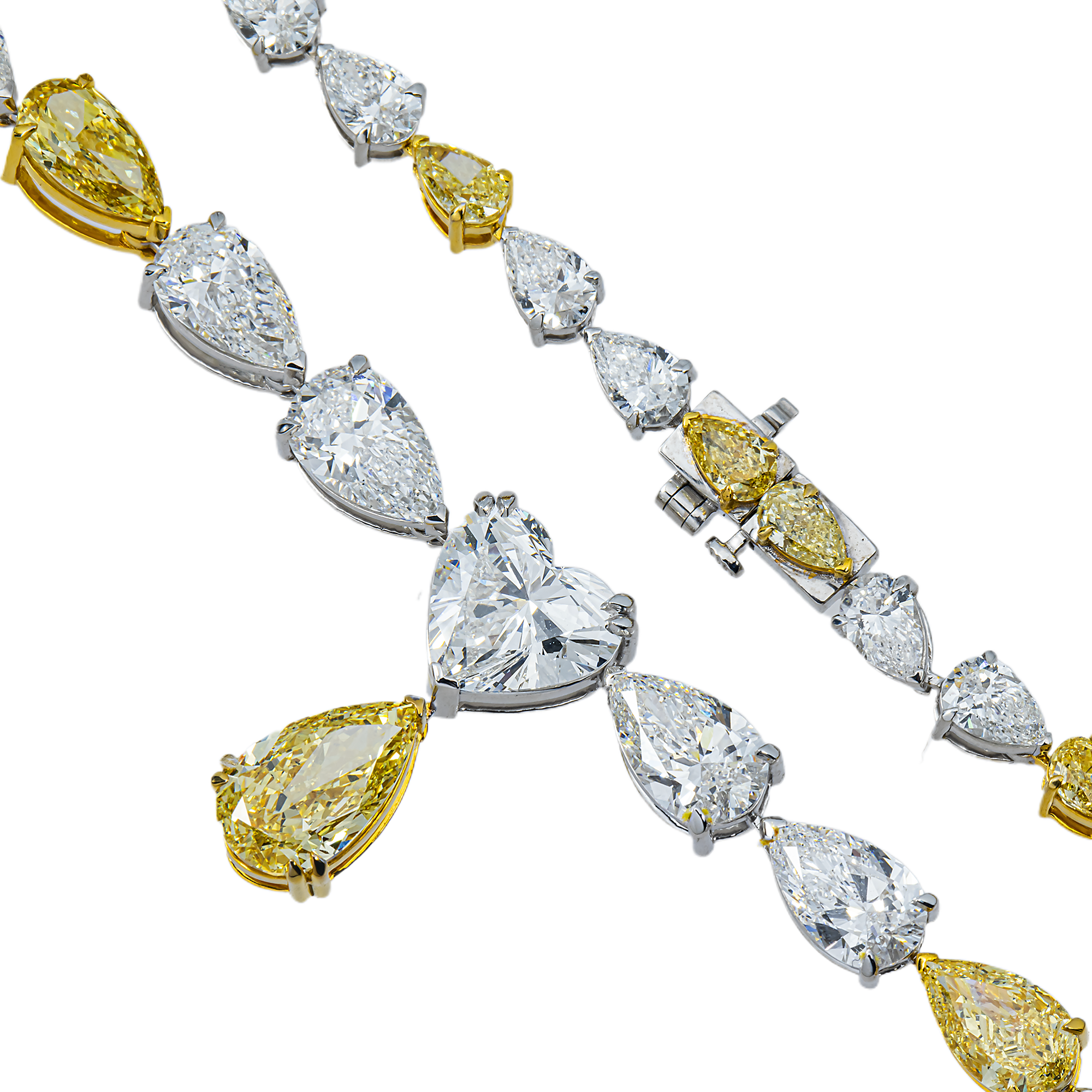 14K Two Tone Graduated Pear & Heart Cut Diamond Drop Necklace 34.08ct