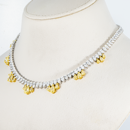 14K Two Tone Pear Cut Fancy Yellow & White Diamond Drop Necklace 32.35ct