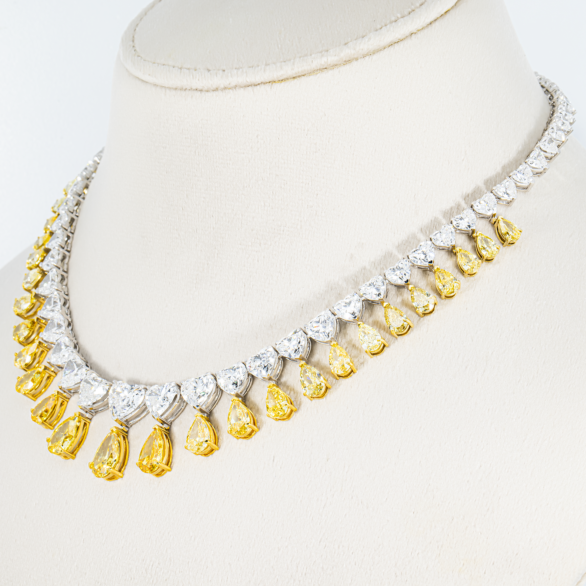 IGI 14K Two Tone Graduated Multi Cut Fancy Yellow & White Diamond Drop Necklace 55.02ct