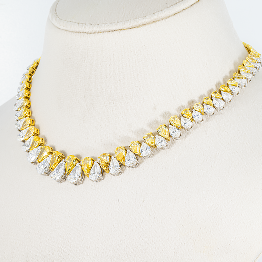 14K Two Tone Graduated Pear Cut Fancy Yellow & White Diamond Chain 45.77ct