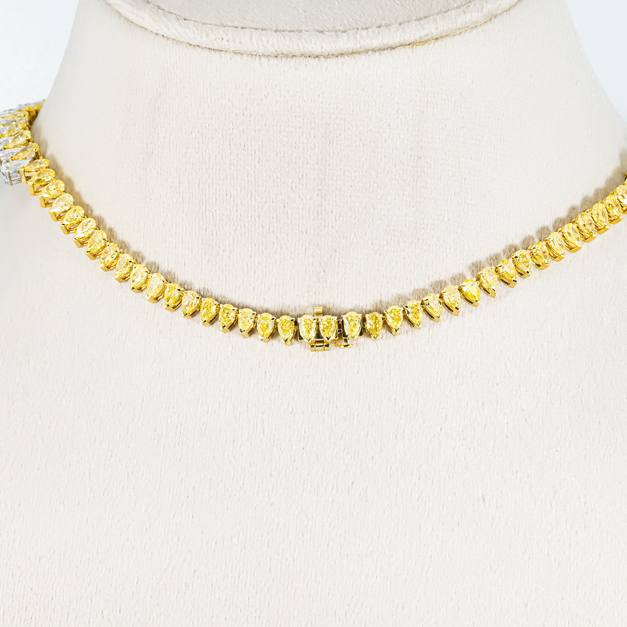 14K Two Tone Graduated Pear Cut Fancy Yellow & White Diamond Chain 45.77ct