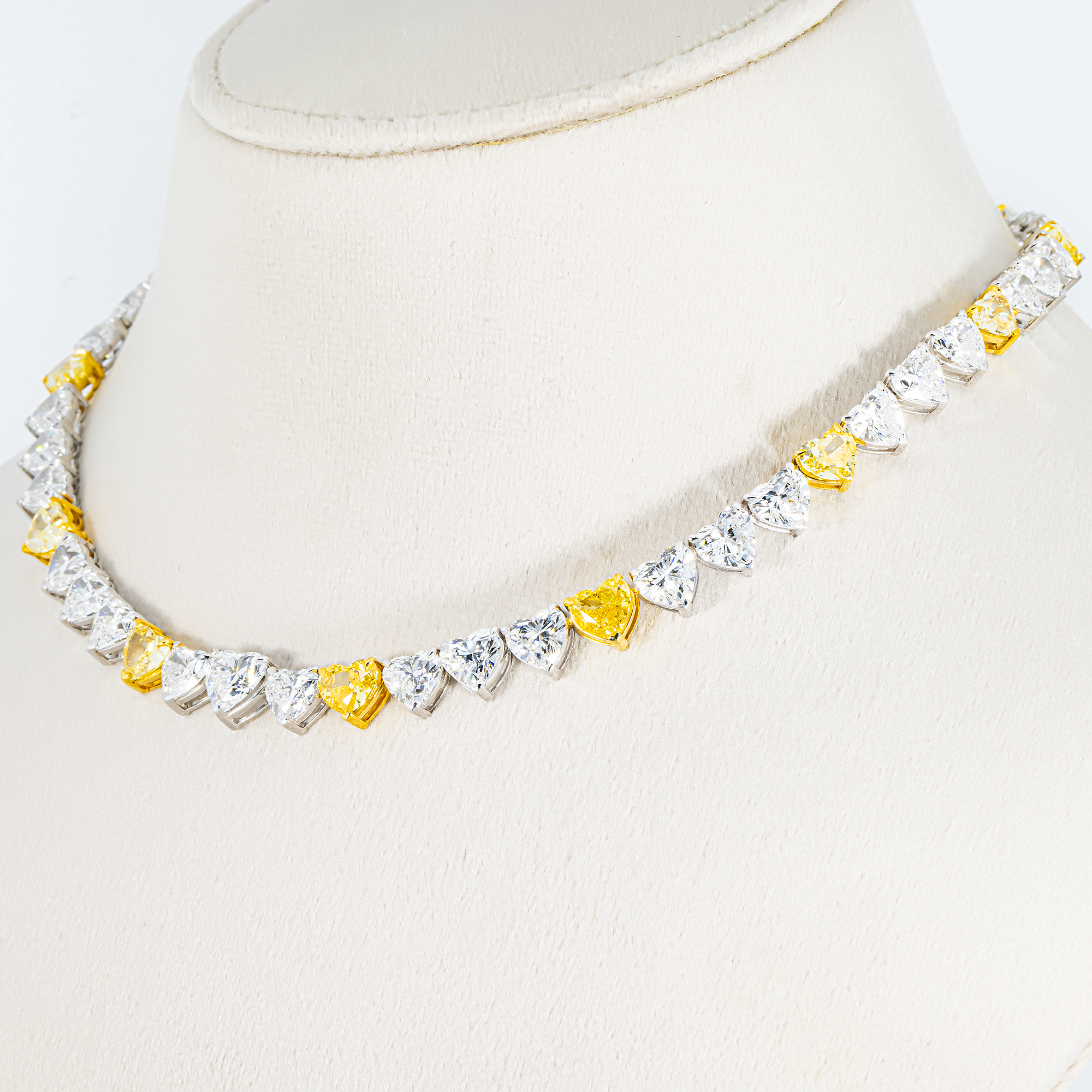 14K Two Tone Heart Cut Fancy Yellow & White Diamond Tennis Chain 54.85ct