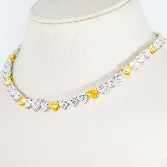 14K Two Tone Heart Cut Fancy Yellow & White Diamond Tennis Chain 54.85ct