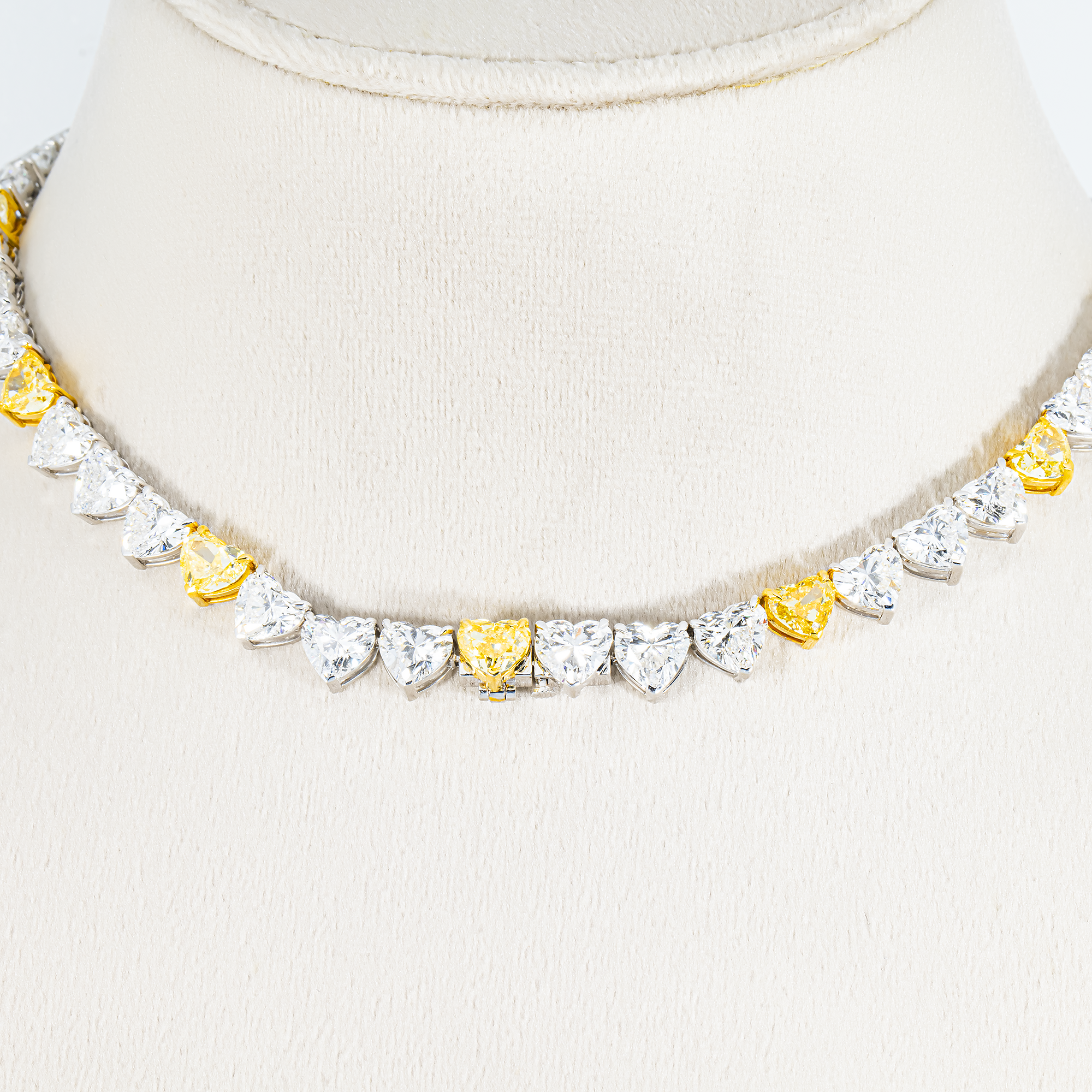 14K Two Tone Heart Cut Fancy Yellow & White Diamond Tennis Chain 54.85ct