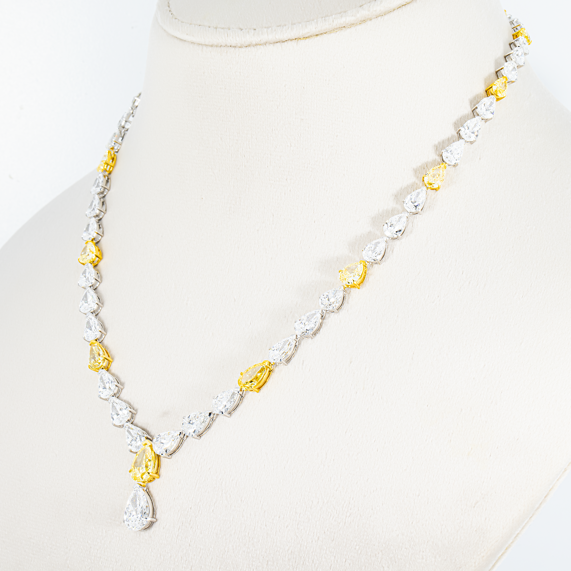 14K Two Tone Graduated Pear Cut Diamond Drop Necklace 34.40ct