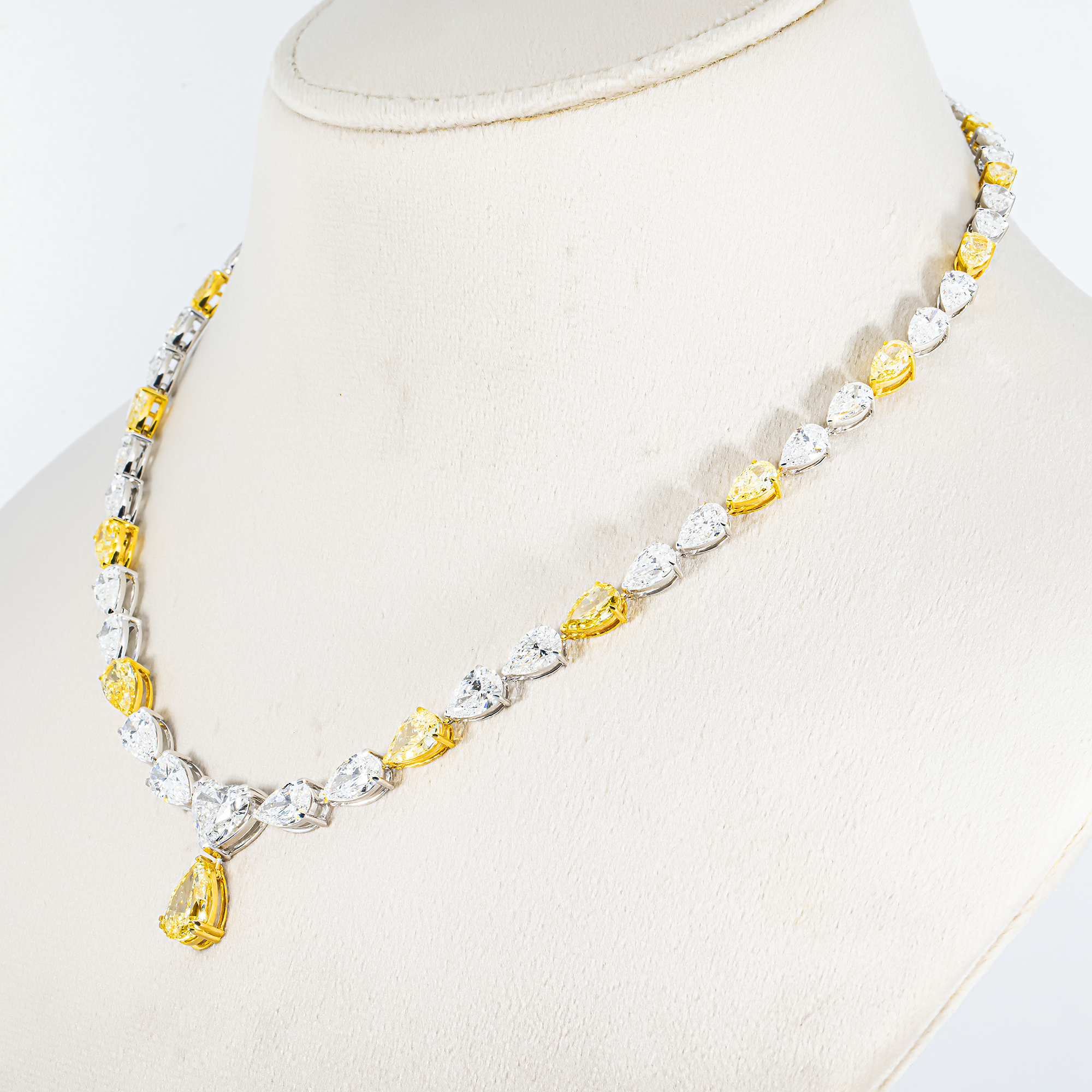 14K Two Tone Graduated Pear & Heart Cut Diamond Drop Necklace 34.08ct