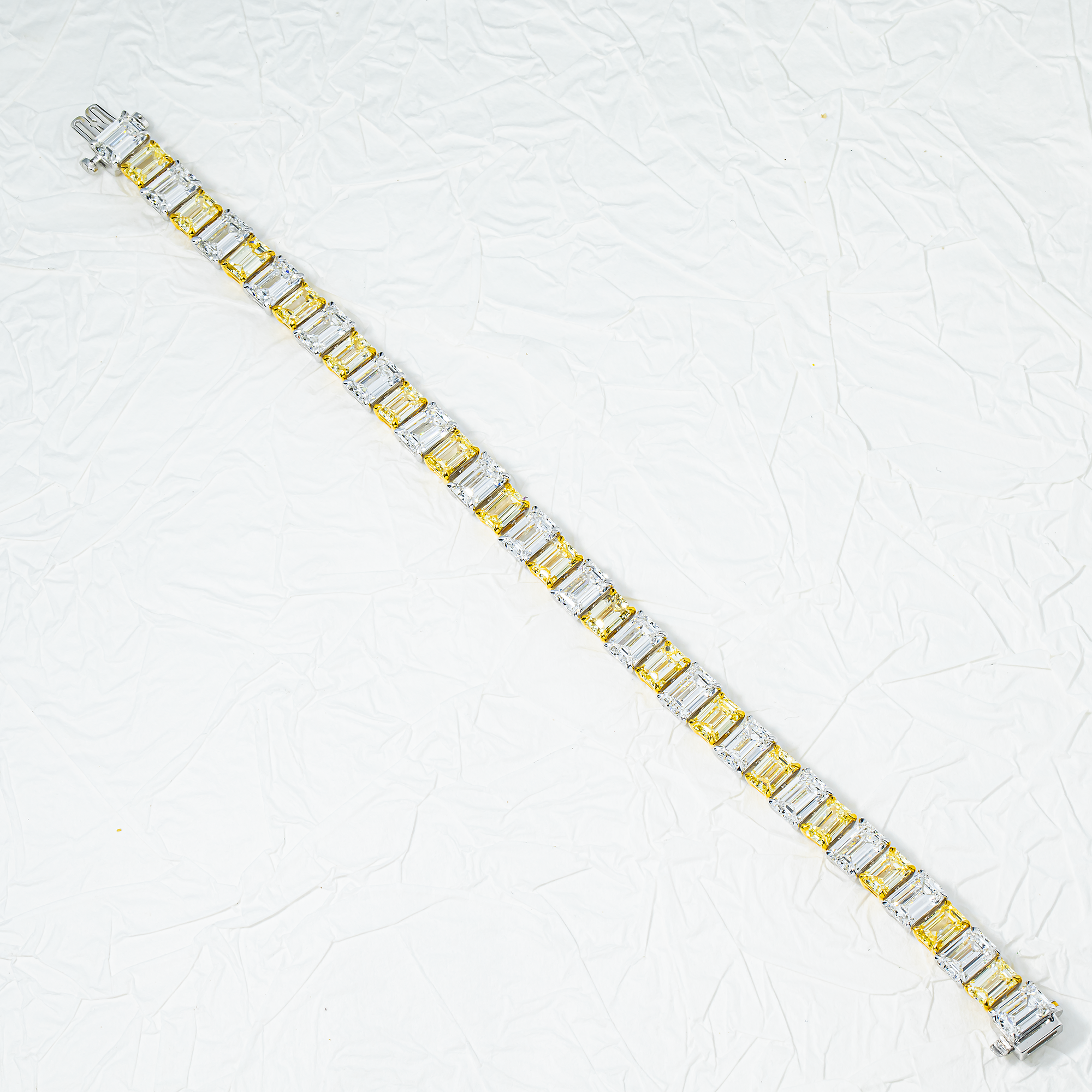 14K Two Tone Fancy Yellow & White Emerald Cut Diamond Tennis Bracelet 29.77ct