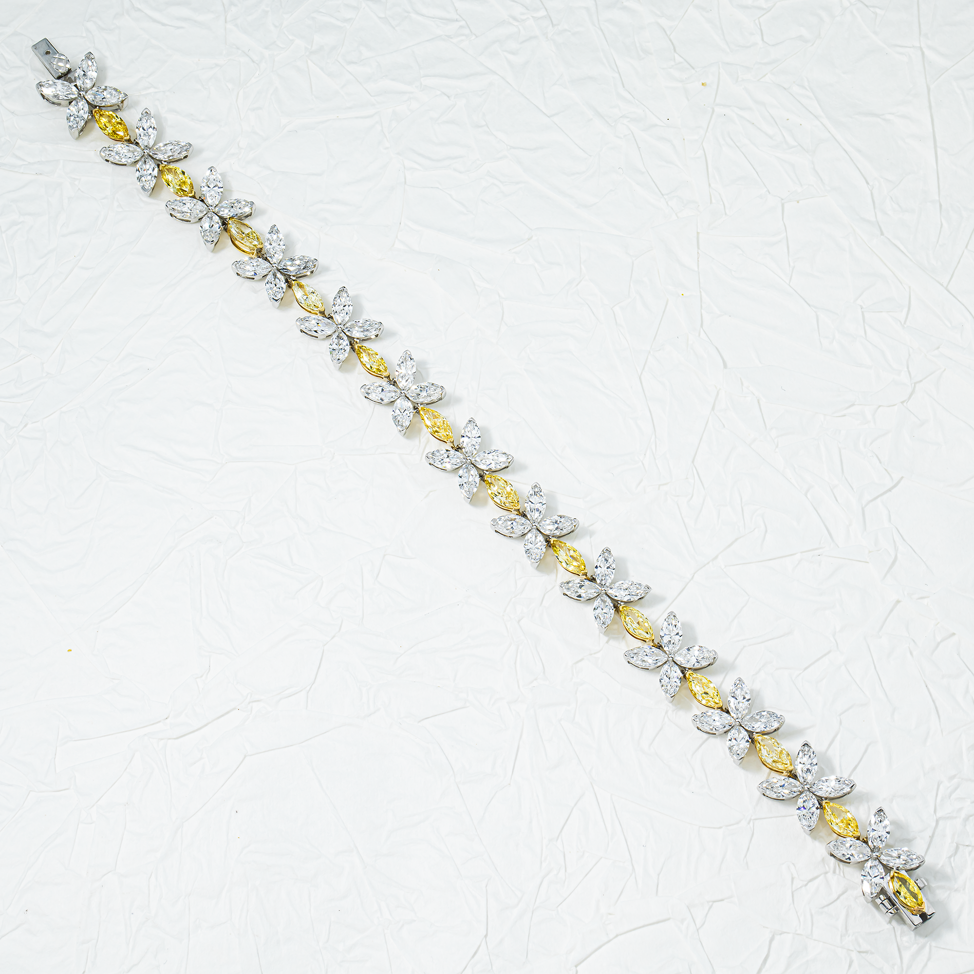 14K Two Tone Marquise Cut Fancy Yellow & White Diamond Bracelet 18.74ct