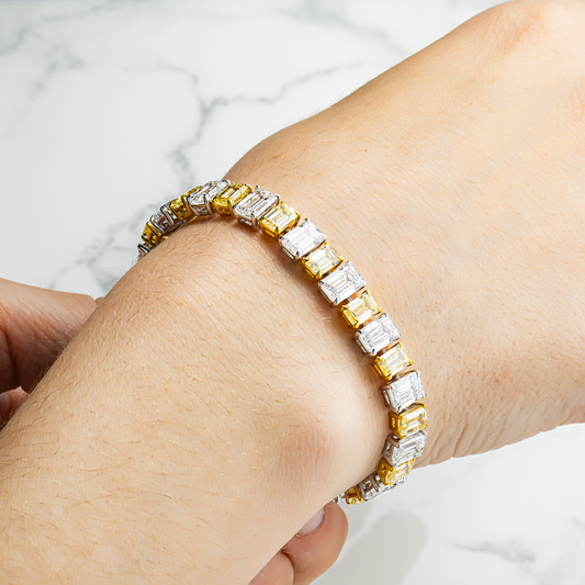 14K Two Tone Fancy Yellow & White Emerald Cut Diamond Tennis Bracelet 29.77ct