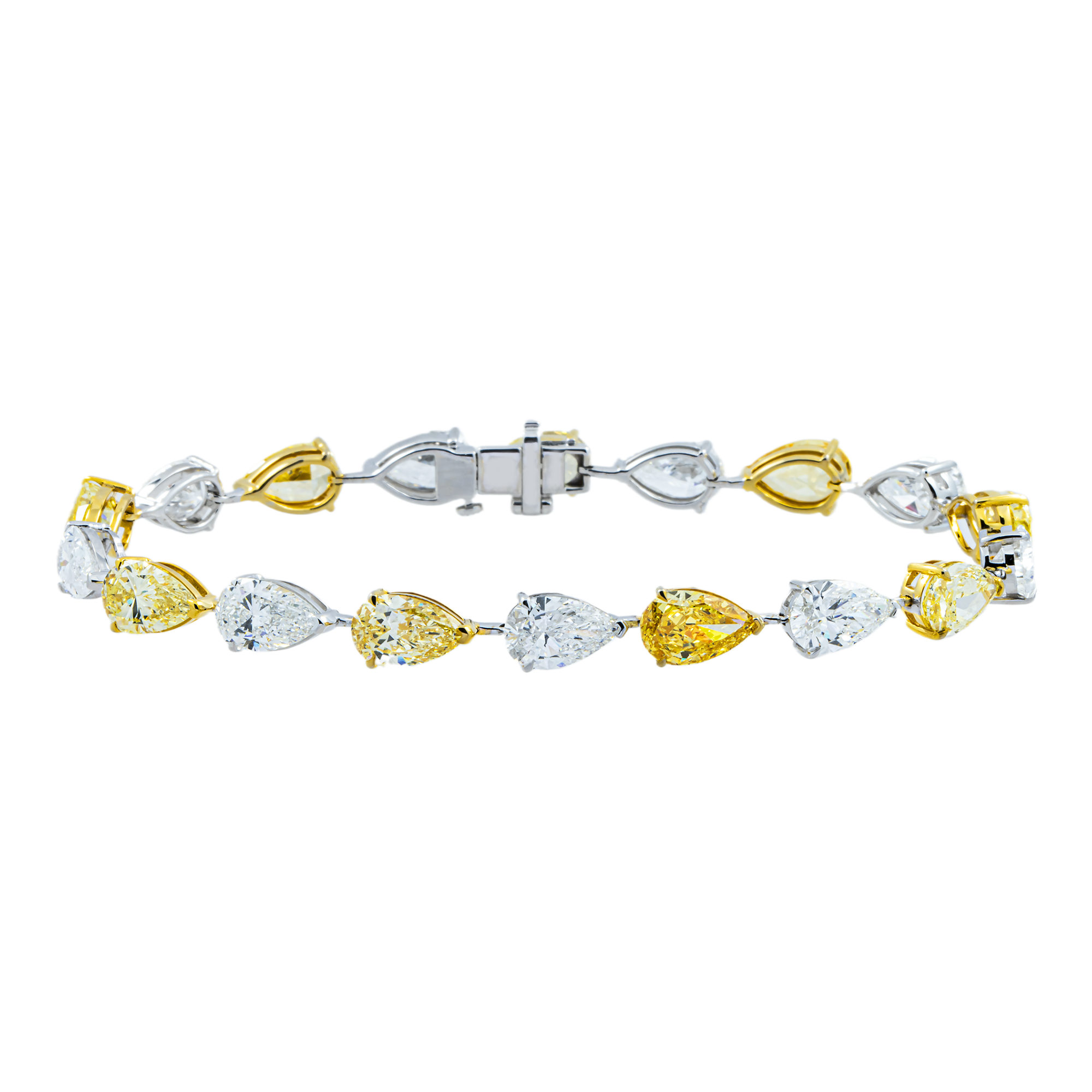 14K Two Tone Fancy Yellow & White Pear Cut Diamond Satellite Bracelet 20.21ct