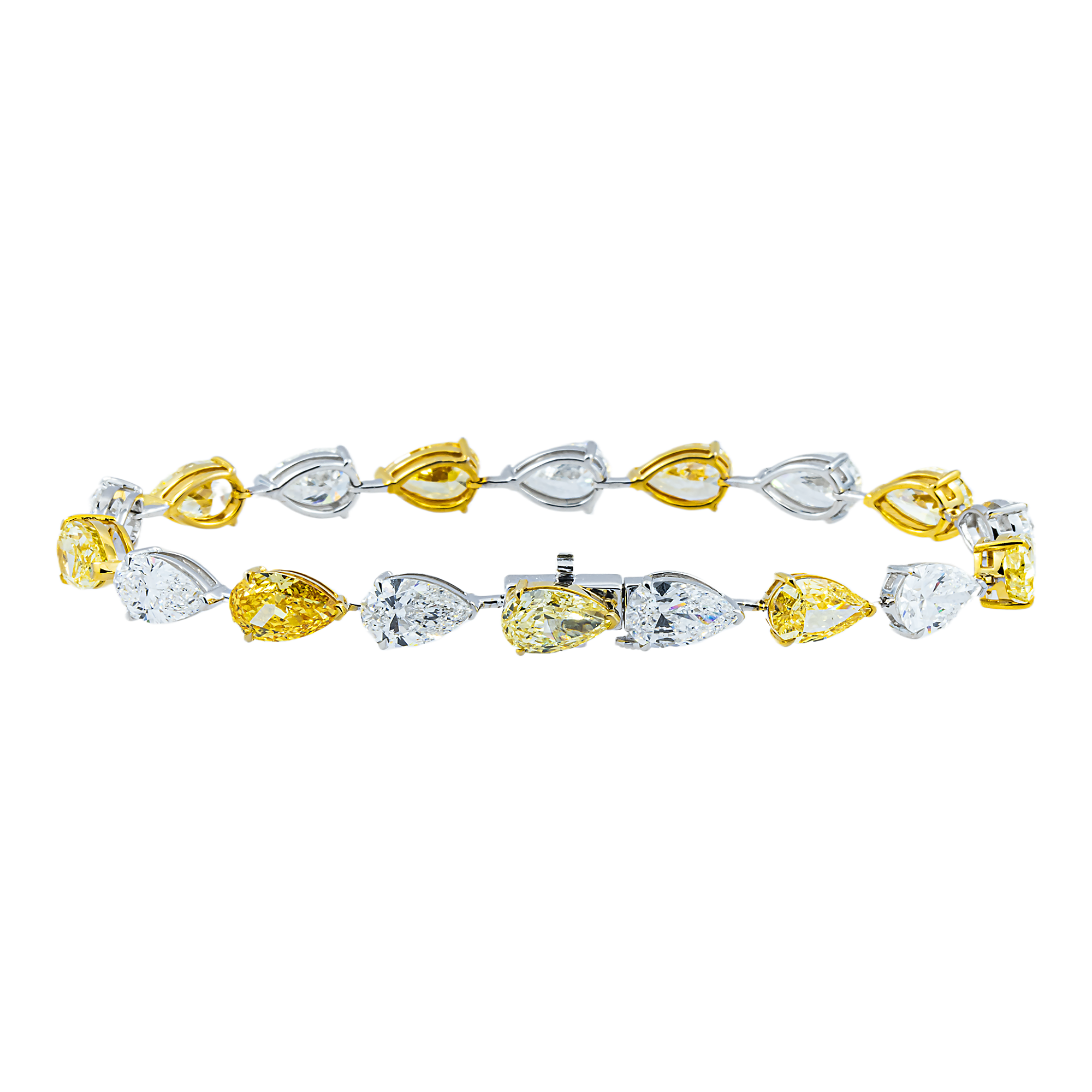14K Two Tone Fancy Yellow & White Pear Cut Diamond Satellite Bracelet 20.21ct