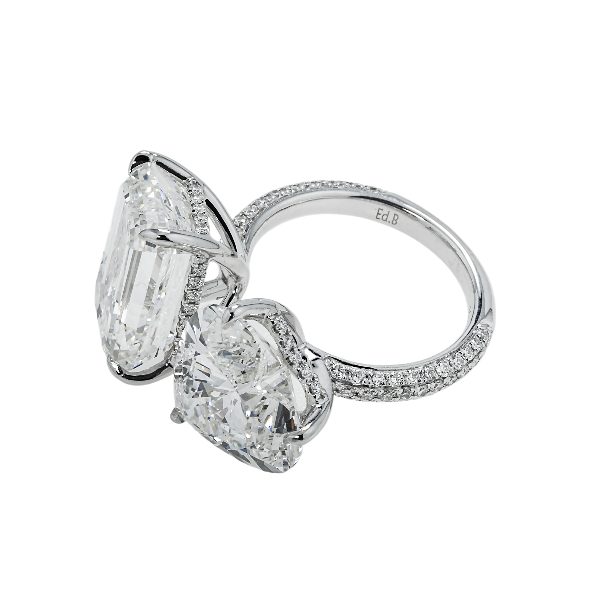 18K White Gold Emerald & Heart Cut Double Diamond Ring 17.64Ctw Bridal
