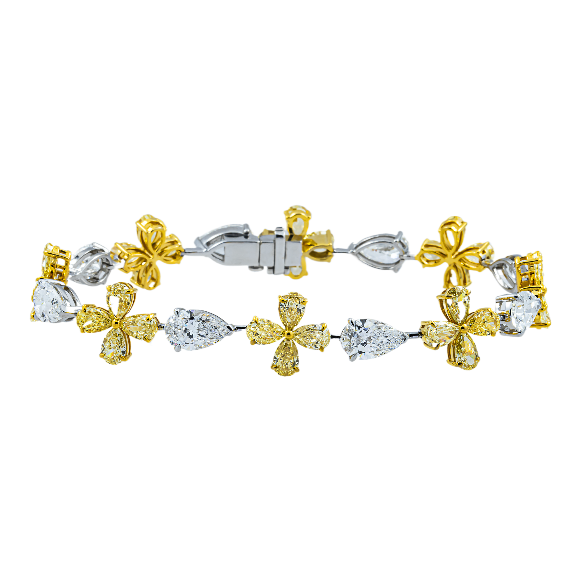 14K Two Tone Pear Cut Fancy Yellow & White Diamond Bracelet 18.45ct