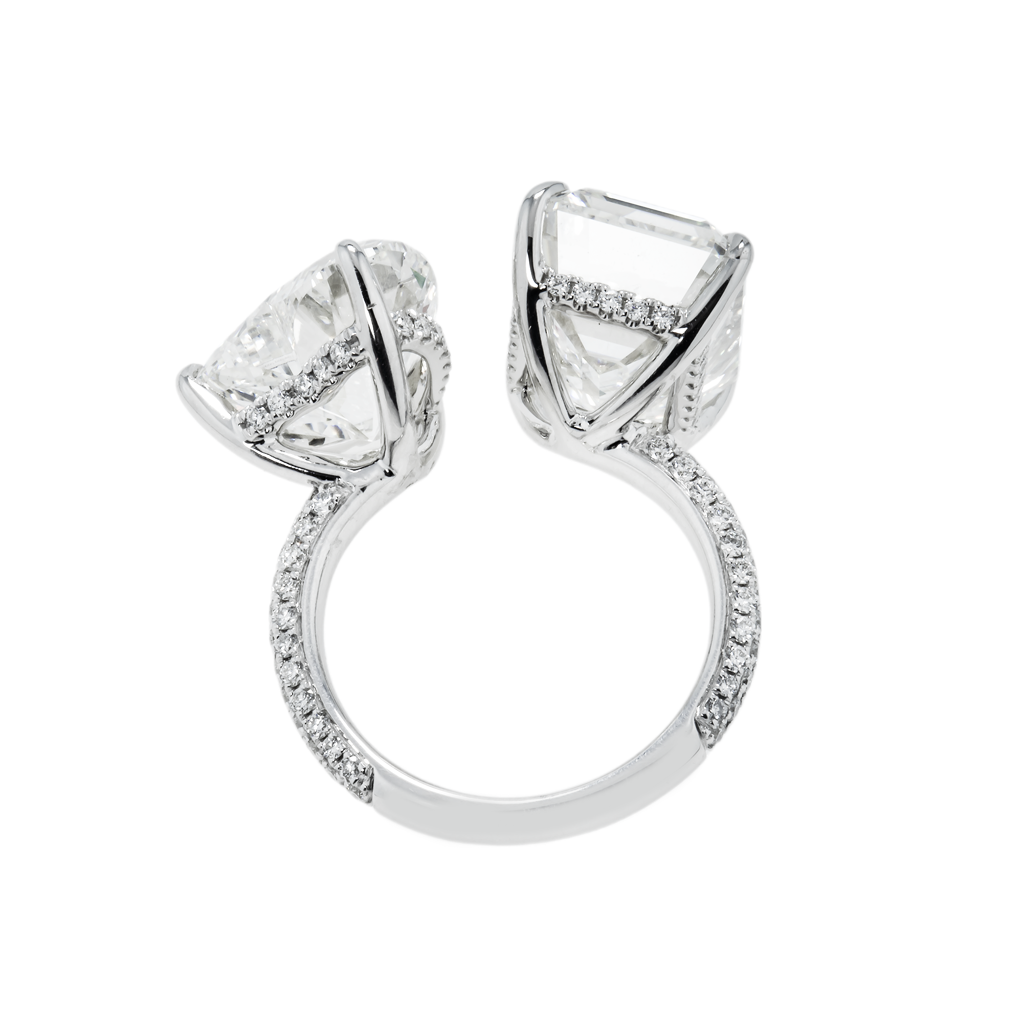 18K White Gold Emerald & Heart Cut Double Diamond Ring 17.64Ctw Bridal