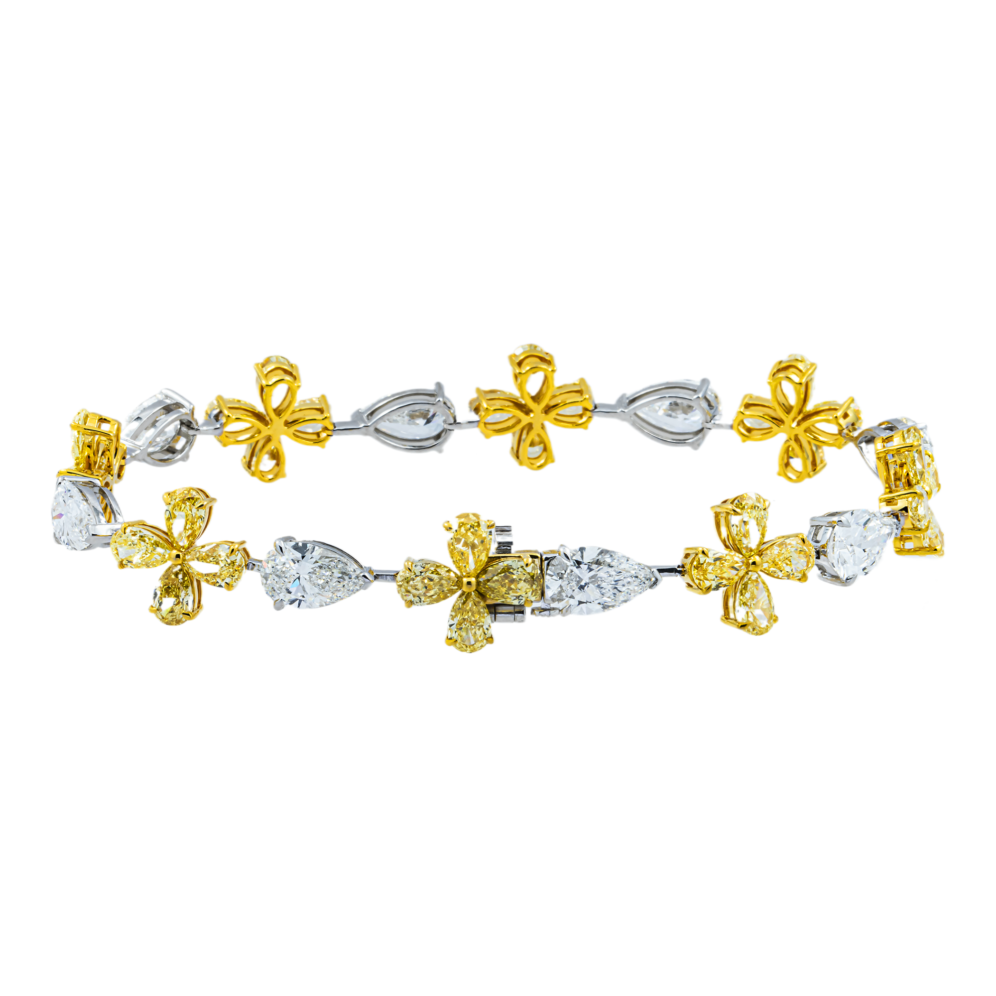 14K Two Tone Pear Cut Fancy Yellow & White Diamond Bracelet 18.45ct