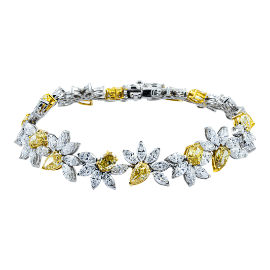 14K Two Tone Multi Cut Fancy Yellow & White Diamond Rose Bud Bracelet 26.54ct