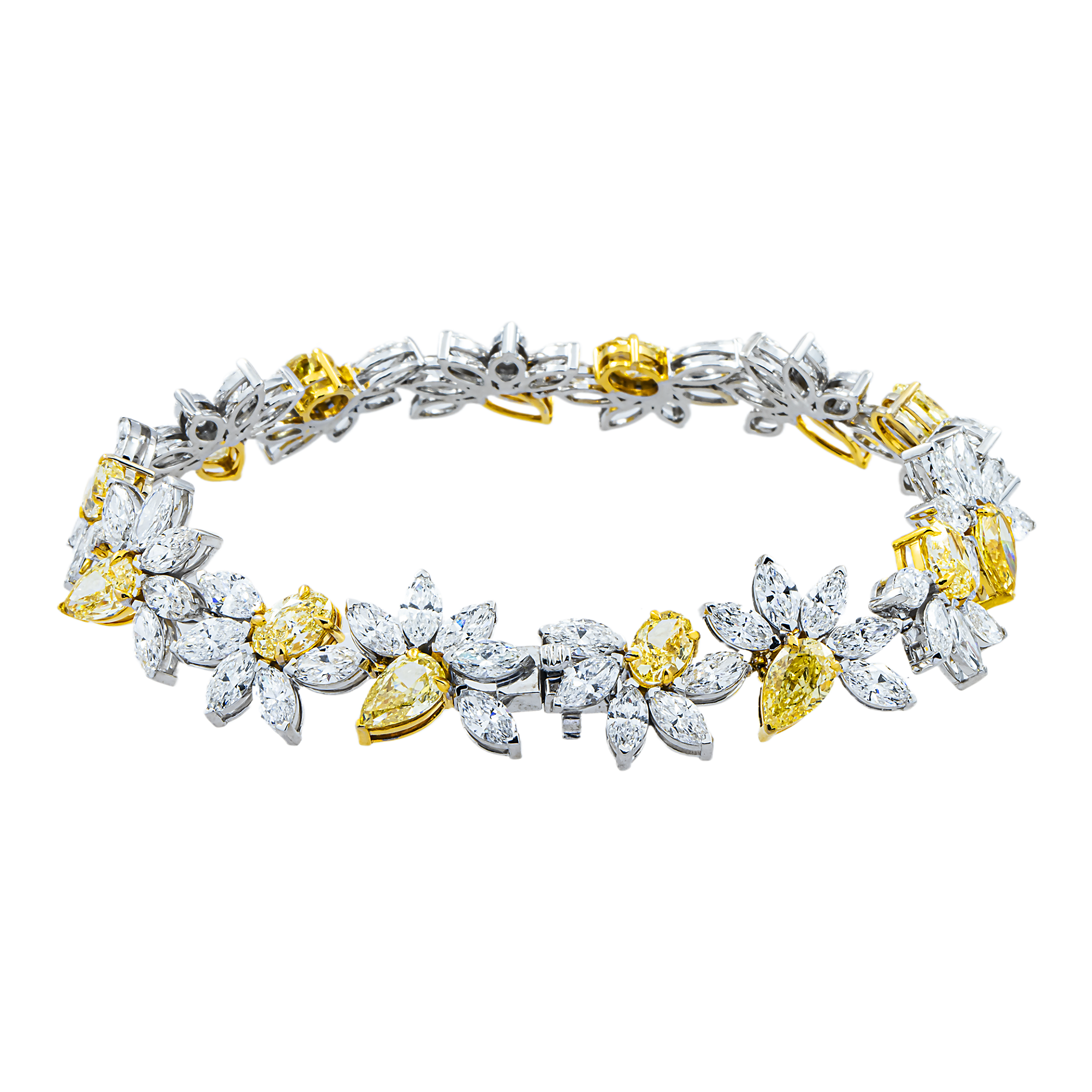 14K Two Tone Multi Cut Fancy Yellow & White Diamond Rose Bud Bracelet 26.54ct