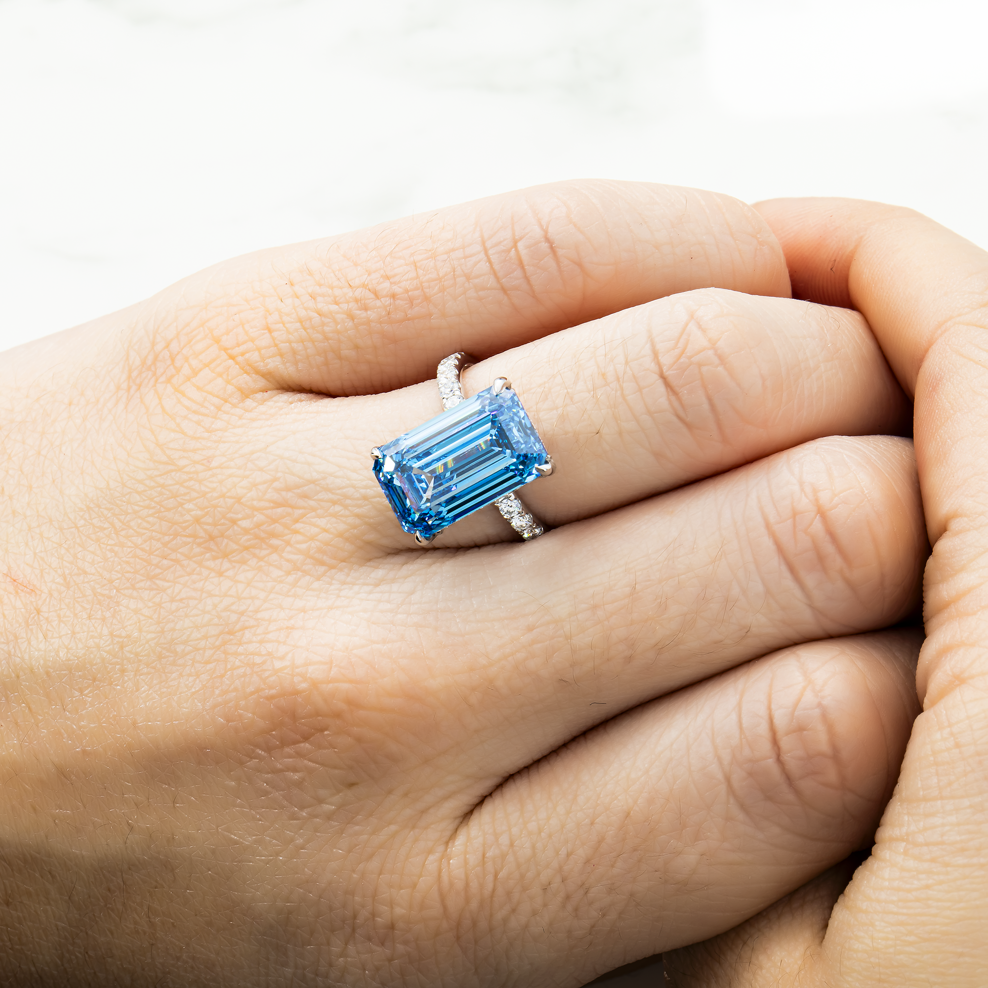 18K White Gold 10.01Ct Emerald Cut Fancy Vivid Blue Diamond Engagement Ring 10.91Ct Bridal